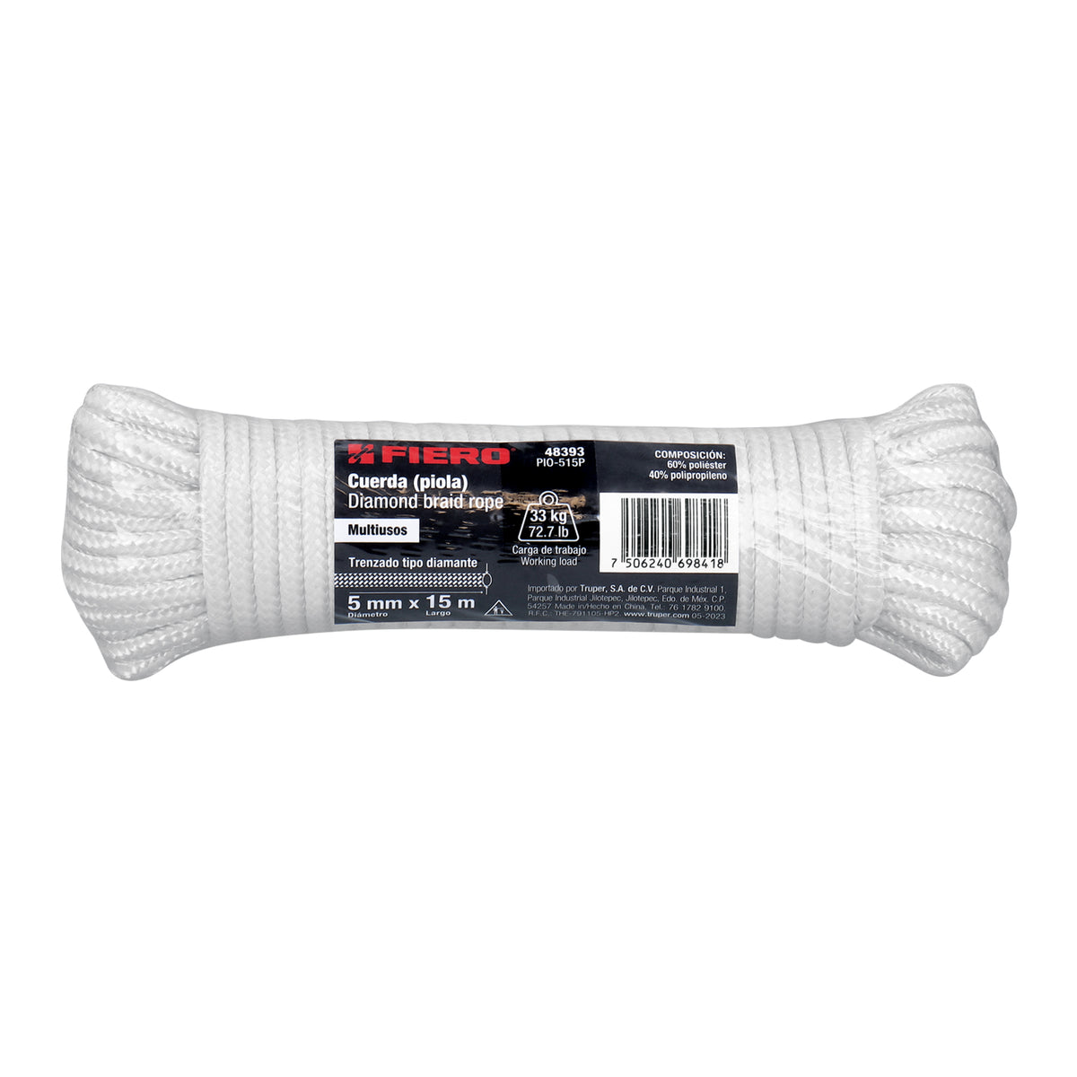 Piola de poliéster diamante de 5 mm x 15 m blanca, Fiero