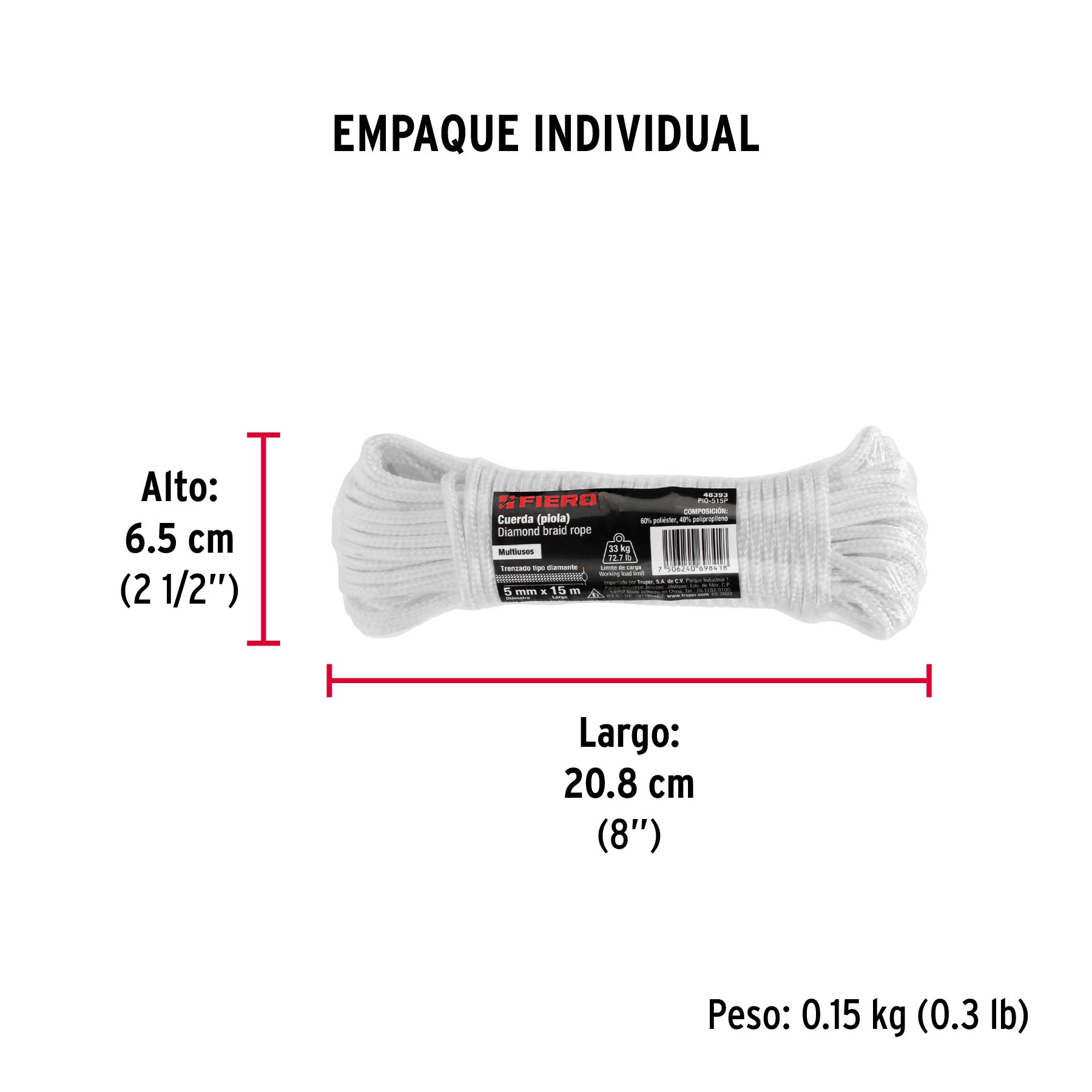 Piola de poliéster diamante de 5 mm x 15 m blanca, Fiero