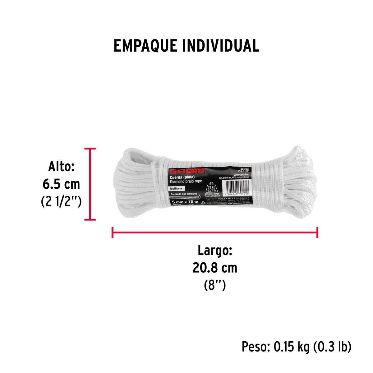 Piola de poliéster diamante de 5 mm x 15 m blanca, Fiero