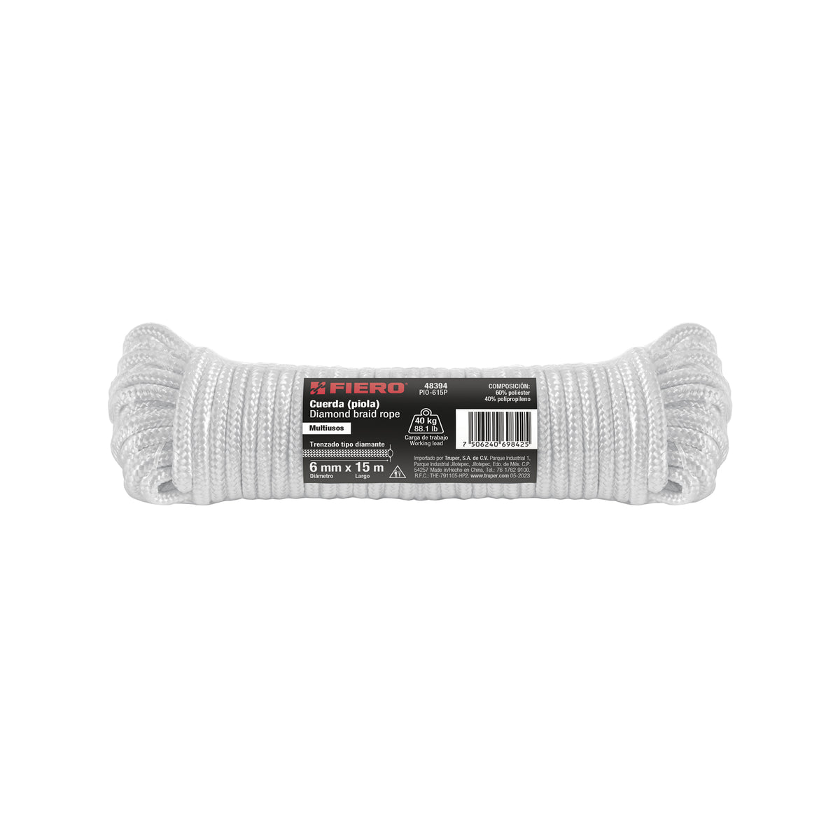 Piola de poliéster diamante de 6 mm x 15 m blanca, Fiero