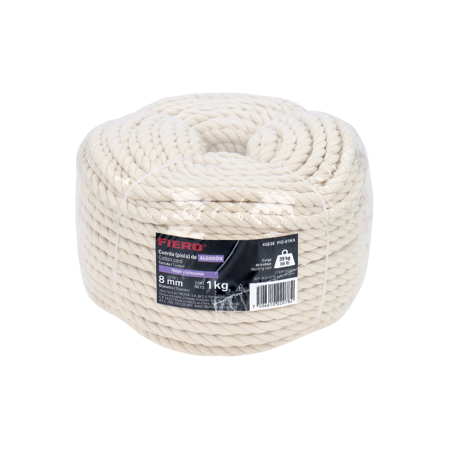 Piola de algodón de 8 mm, rollo, natural, 1 kg, FIERO