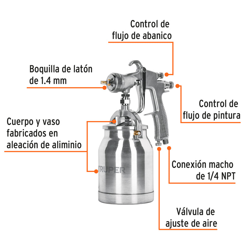 Pistola p/pintar succión HVLP, vaso alum, boquilla 1.4mm