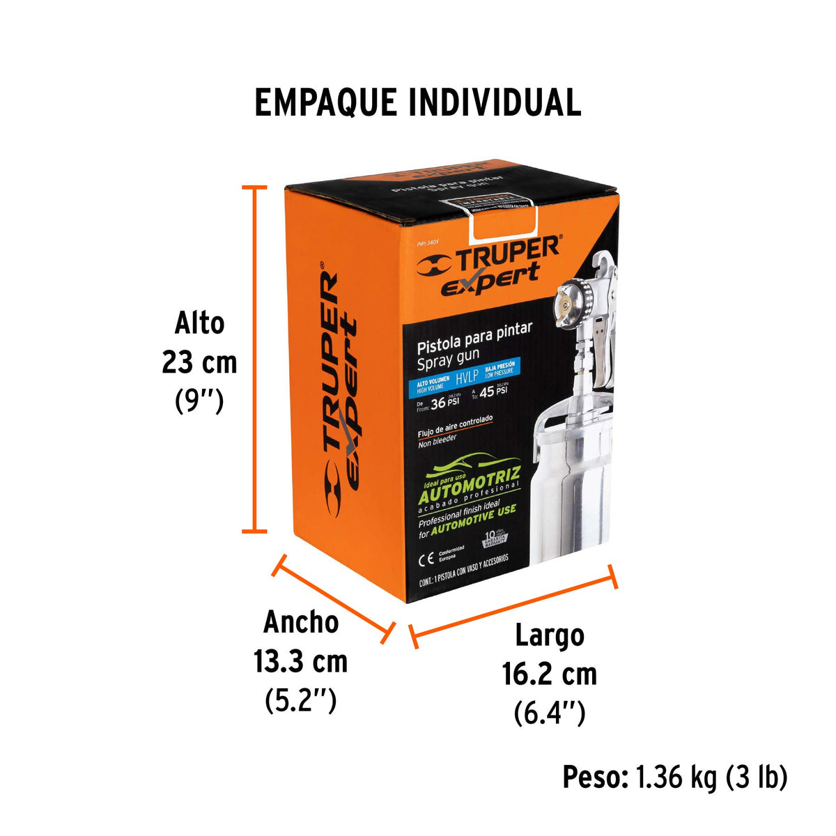 Pistola p/pintar succión HVLP,vaso alum,1.4 mm,Truper Expert