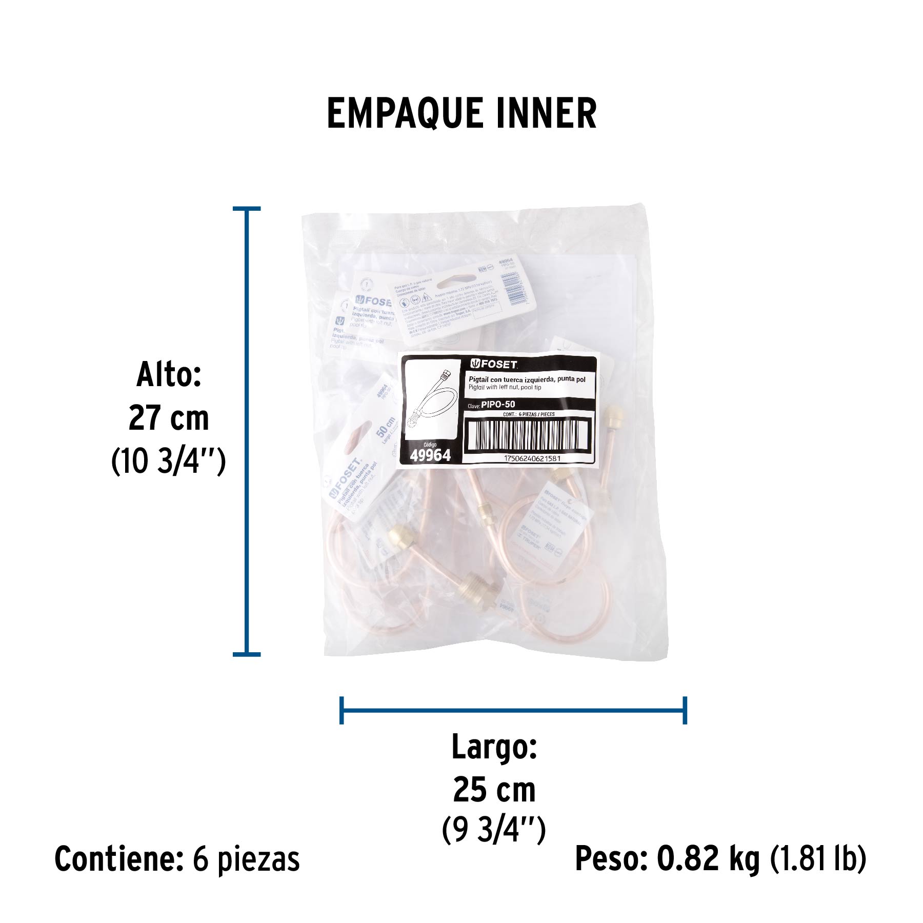 Pigtail con tuerca izquierda, punta pool, 50 cm
