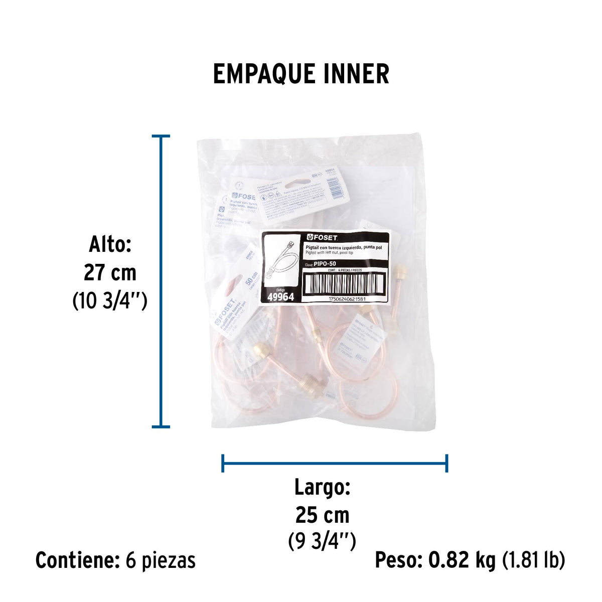 Pigtail con tuerca izquierda, punta pool, 50 cm