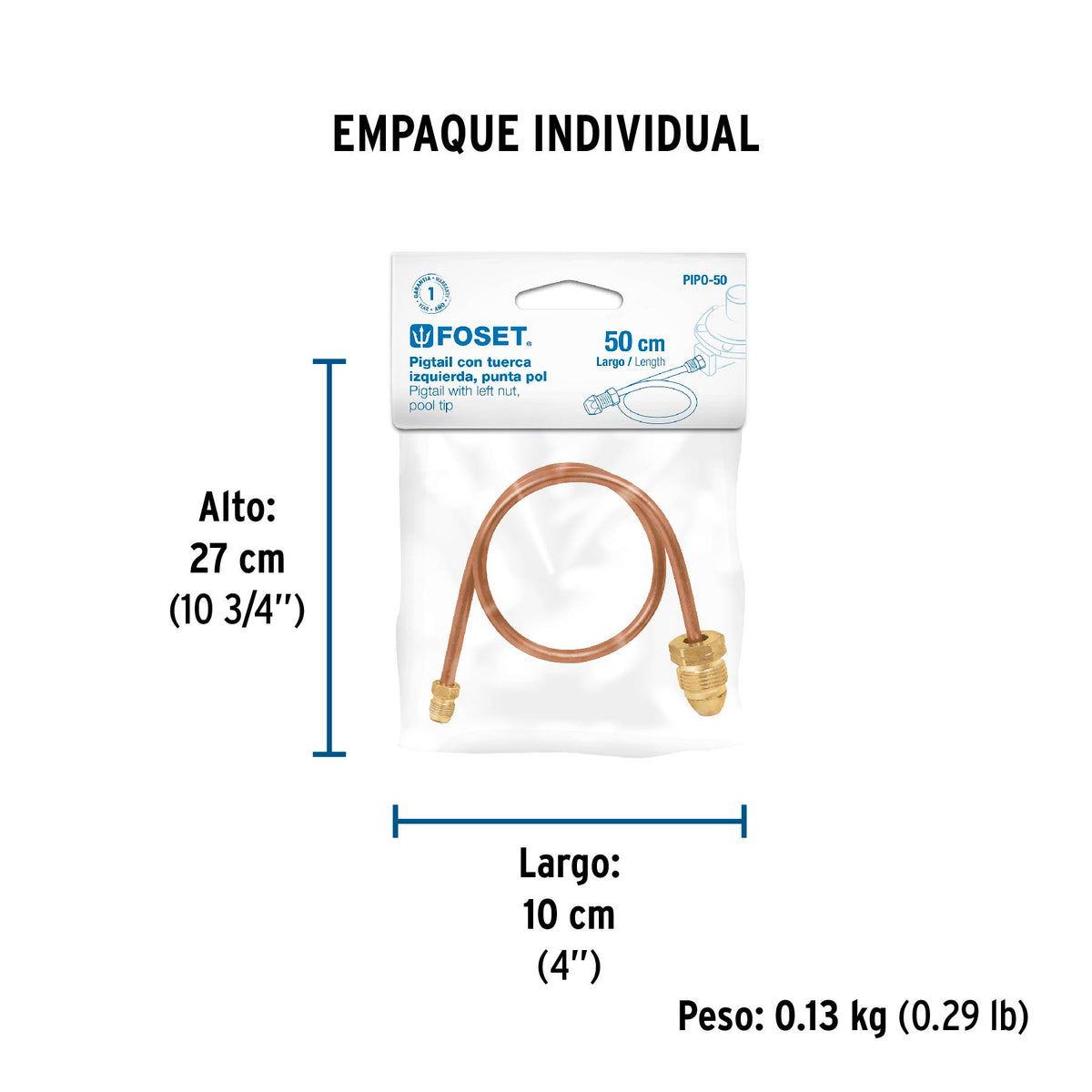 Pigtail con tuerca izquierda, punta pool, 50 cm