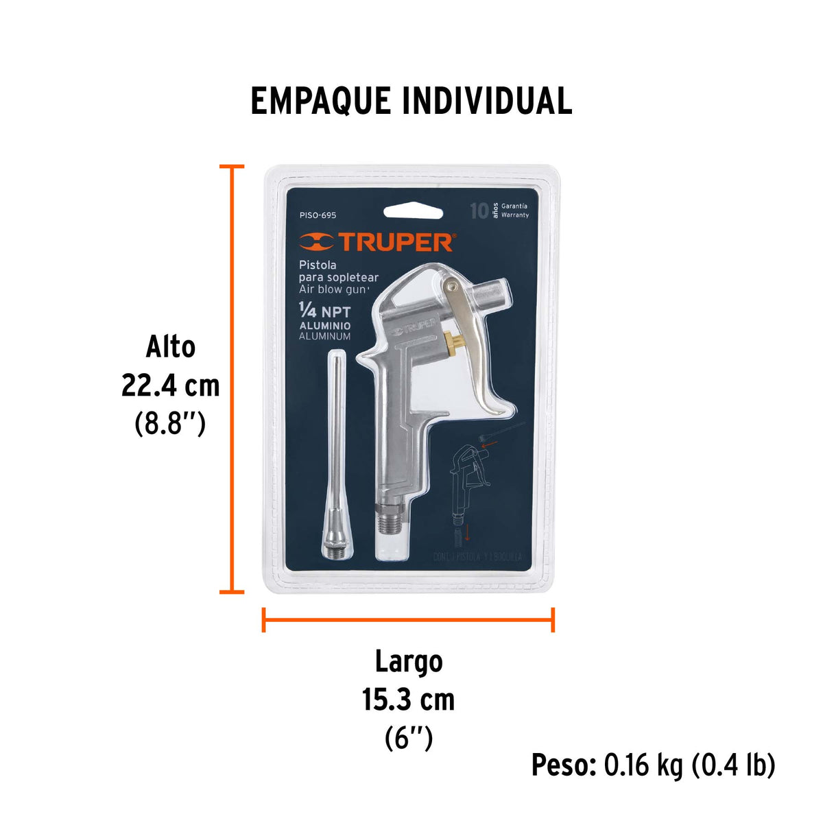 Pistola metálica para sopletear, con extensión de 4"
