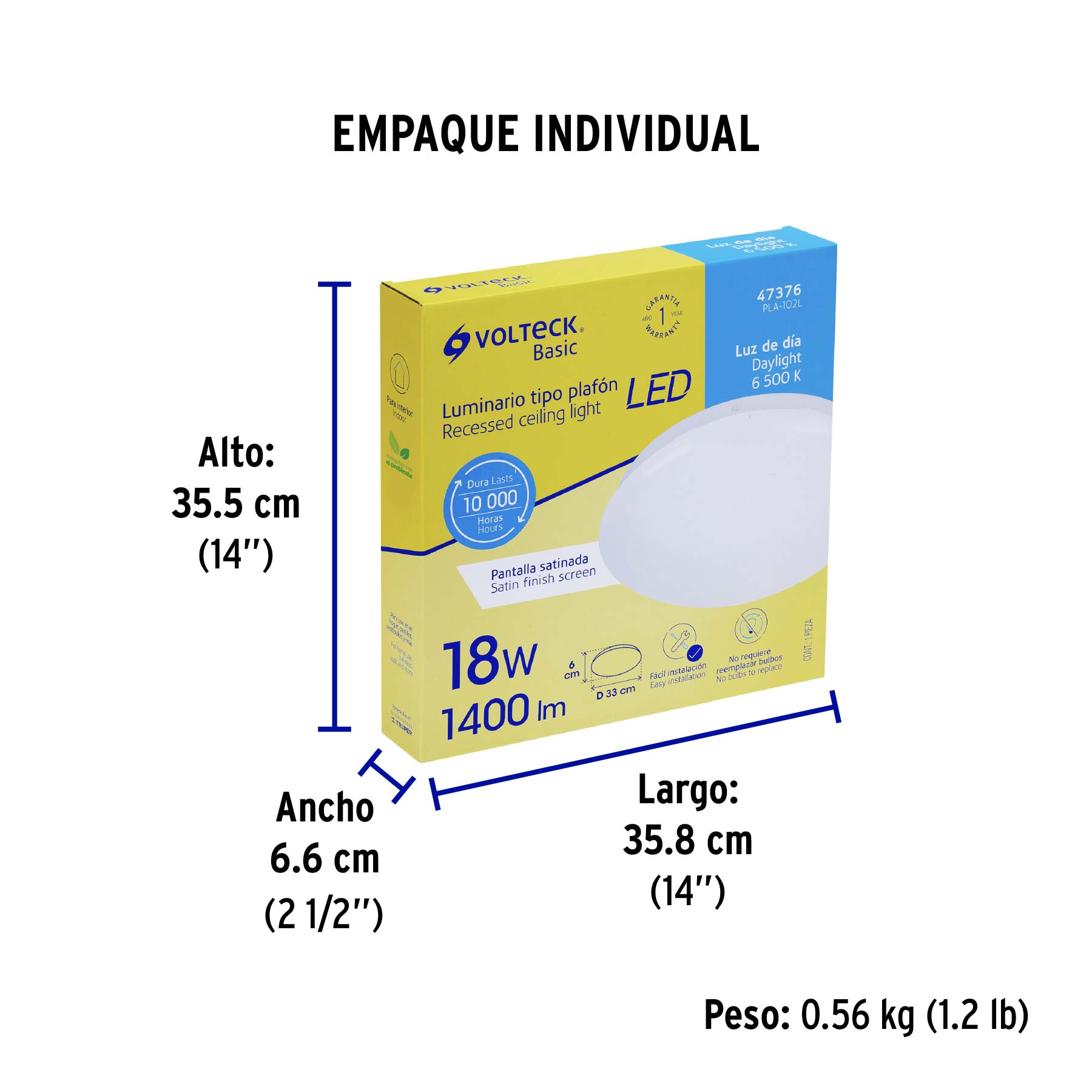 Luminario de LED de sobreponer tipo plafón, 18W, 1,400 lm