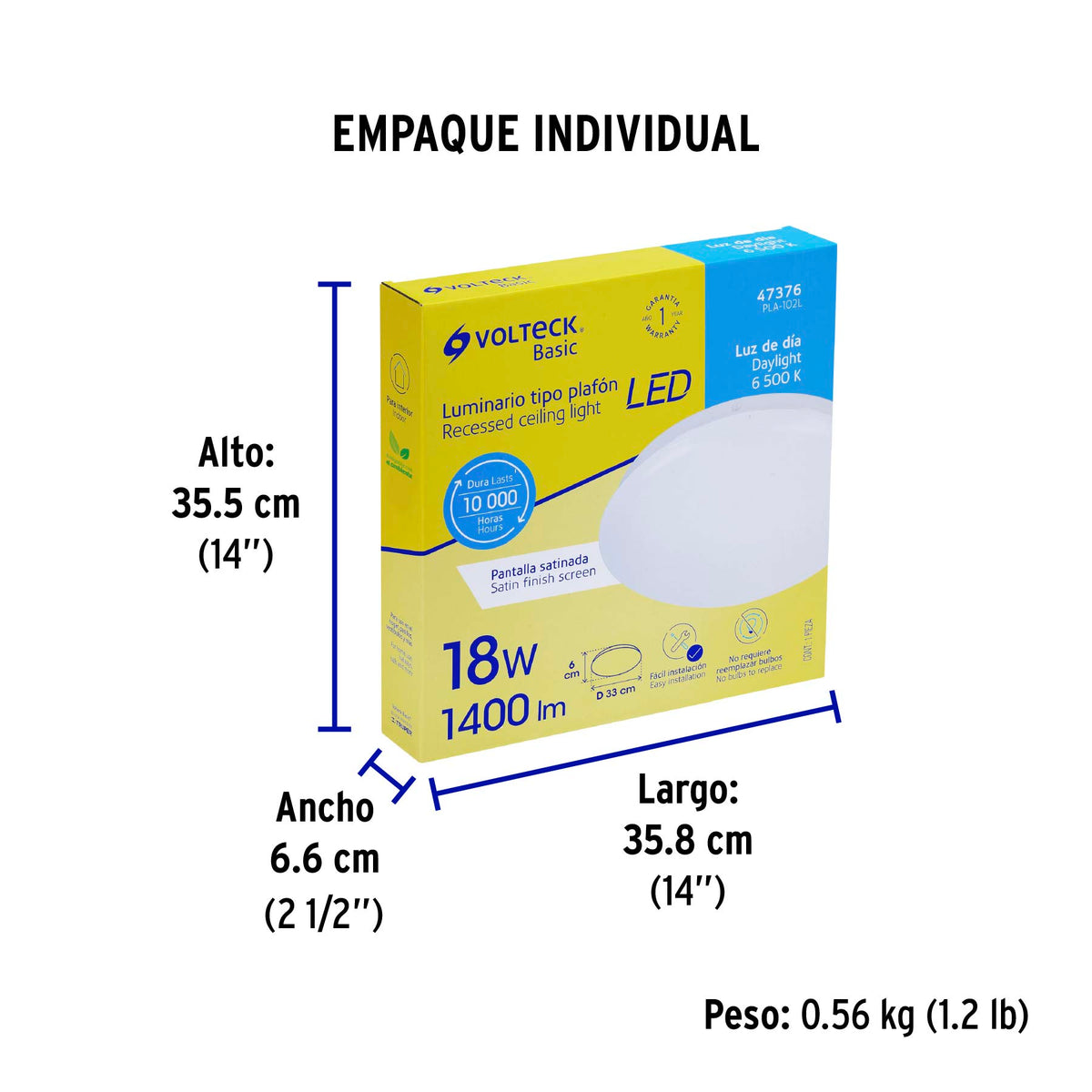Luminario de LED de sobreponer tipo plafón, 18W, 1,400 lm