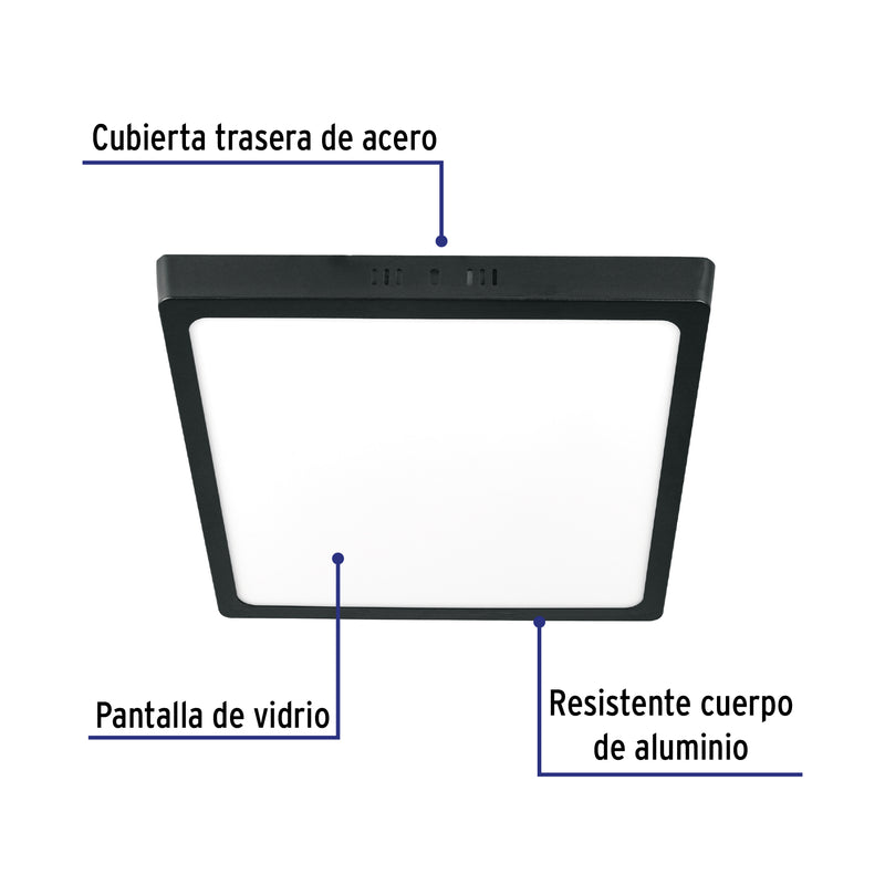 Luminario de LED 24 W cuadrado tipo plafón luz de día, negro