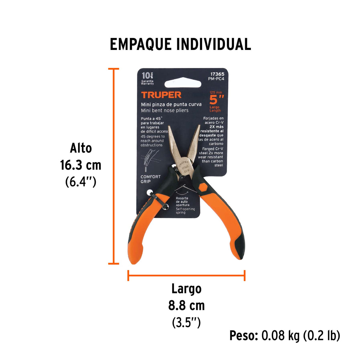 Pinza de punta curva 5", mango comfort grip