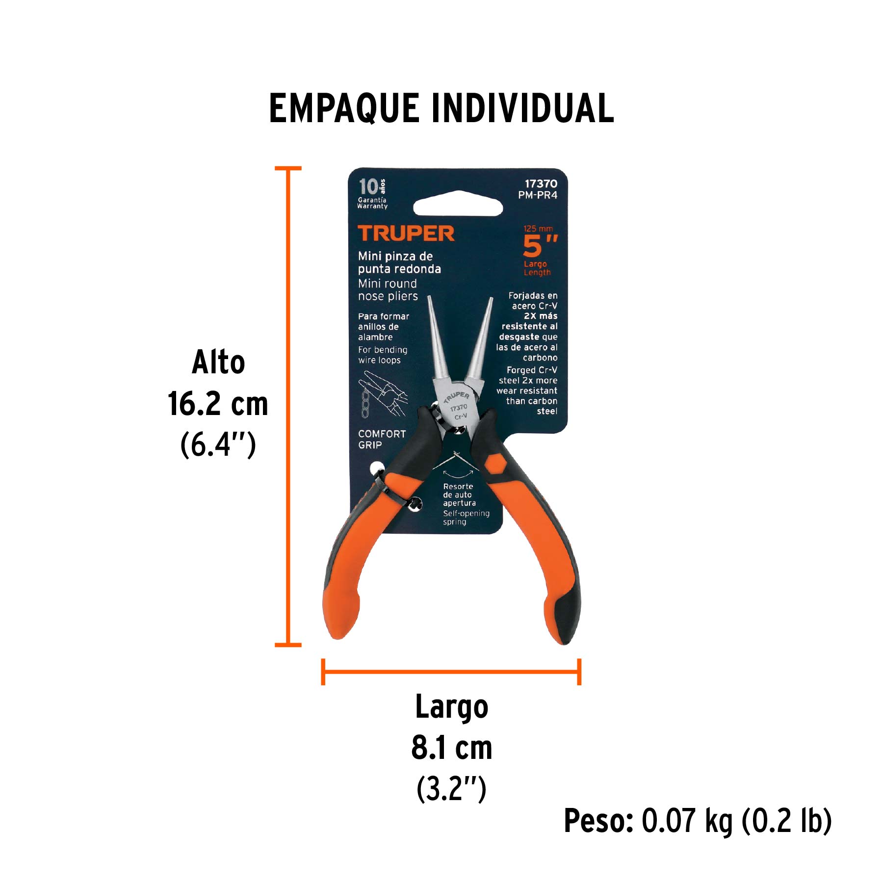 Pinza de punta redonda 5", mango comfort grip