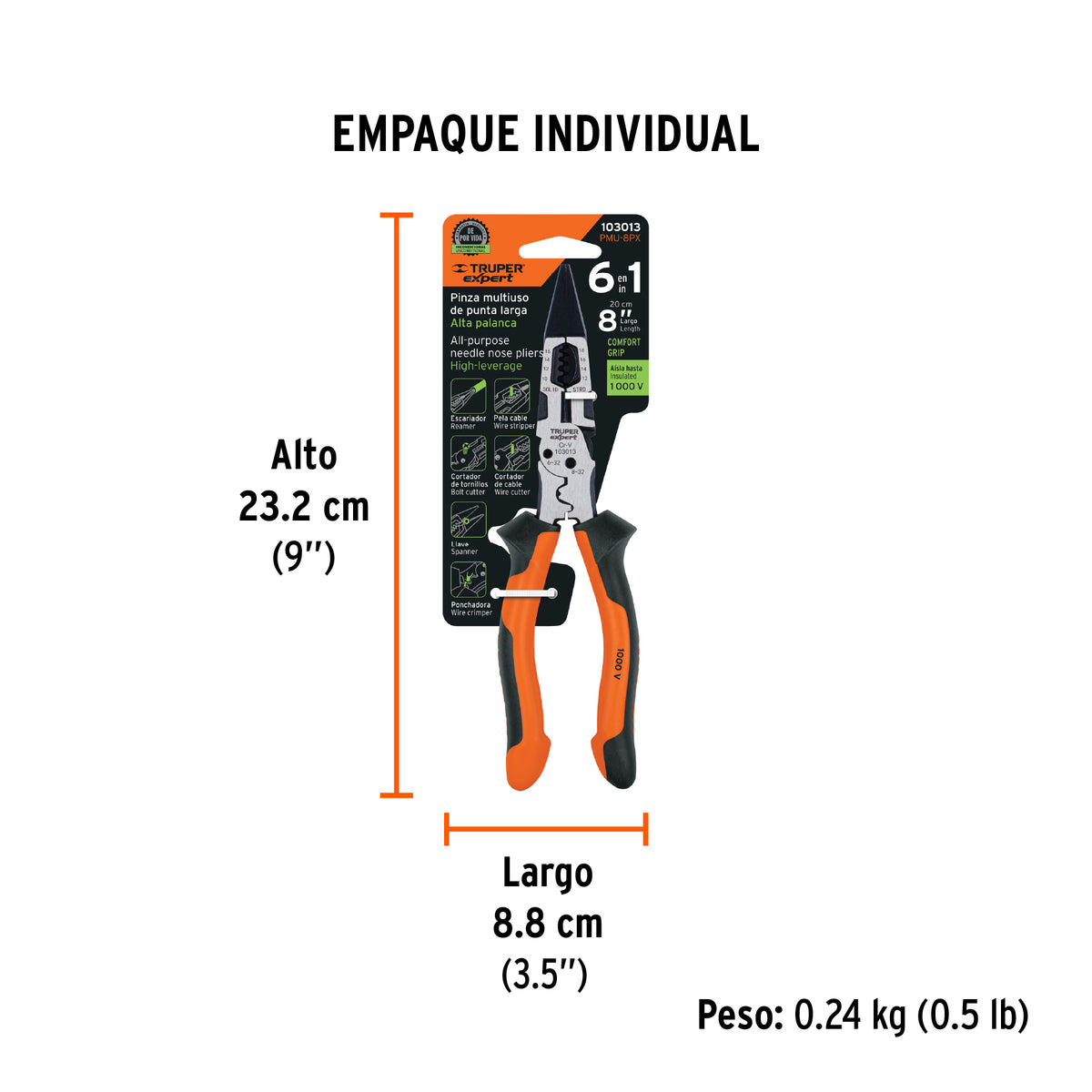 Pinza multiuso 8' punta larga, comfort grip, Truper expert