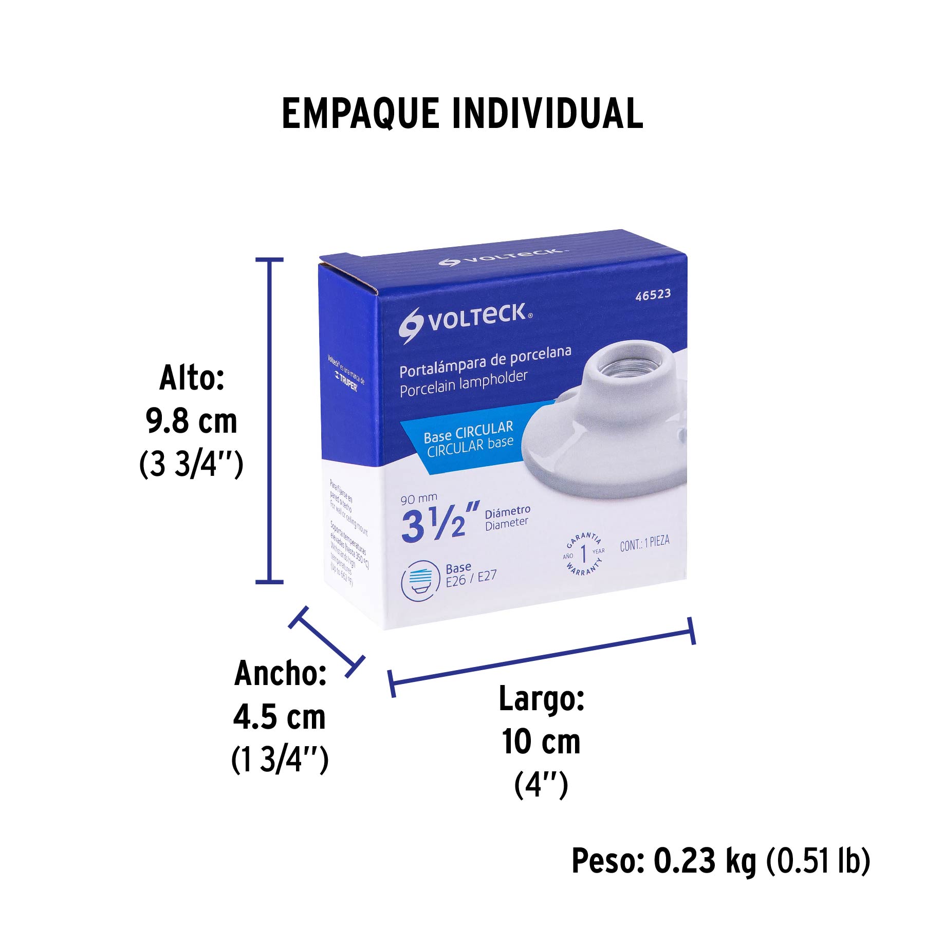 Portalámpara de porcelana, 3-1/2", circular, Volteck