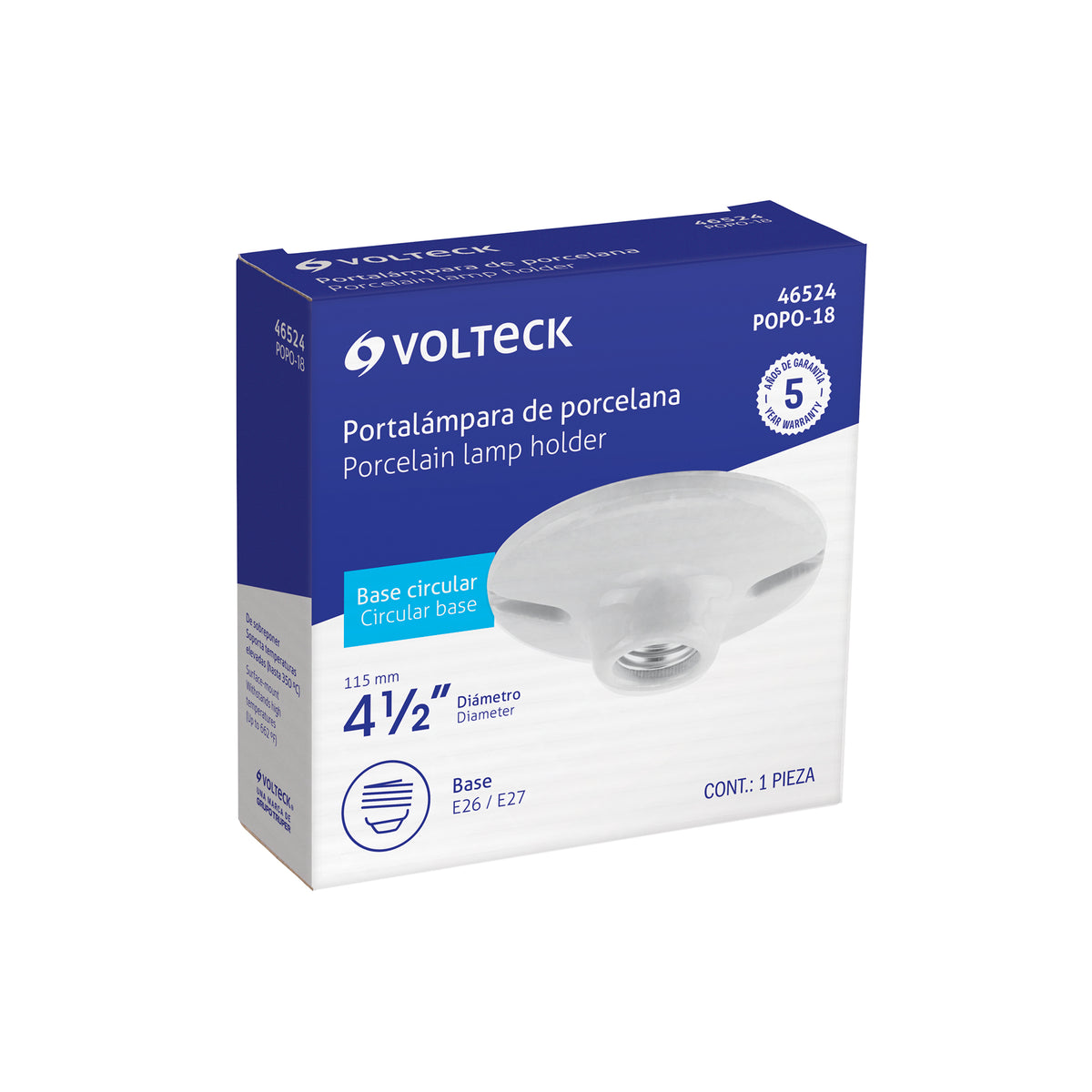 Portalámpara de porcelana, 4-1/2", circular, Volteck