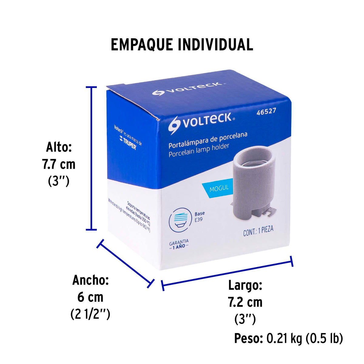 Portalámpara de porcelana, base tipo Mogul (E39), Volteck