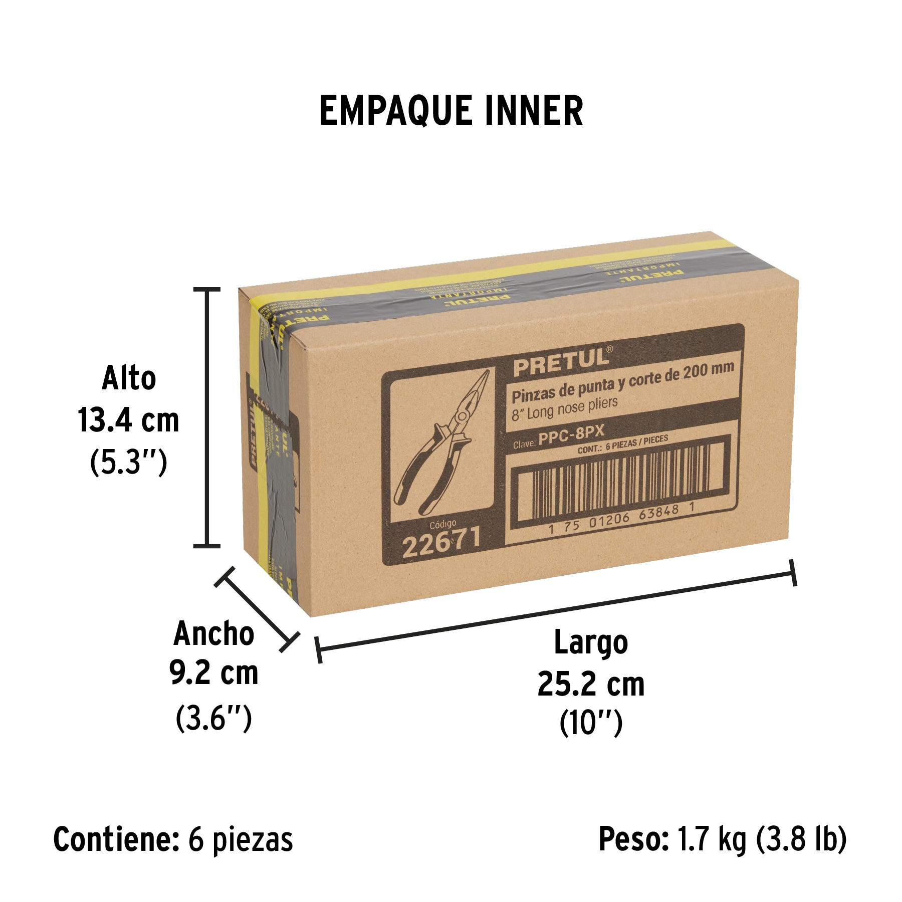 Pinza de punta y corte 8", mango comfort grip, pretul