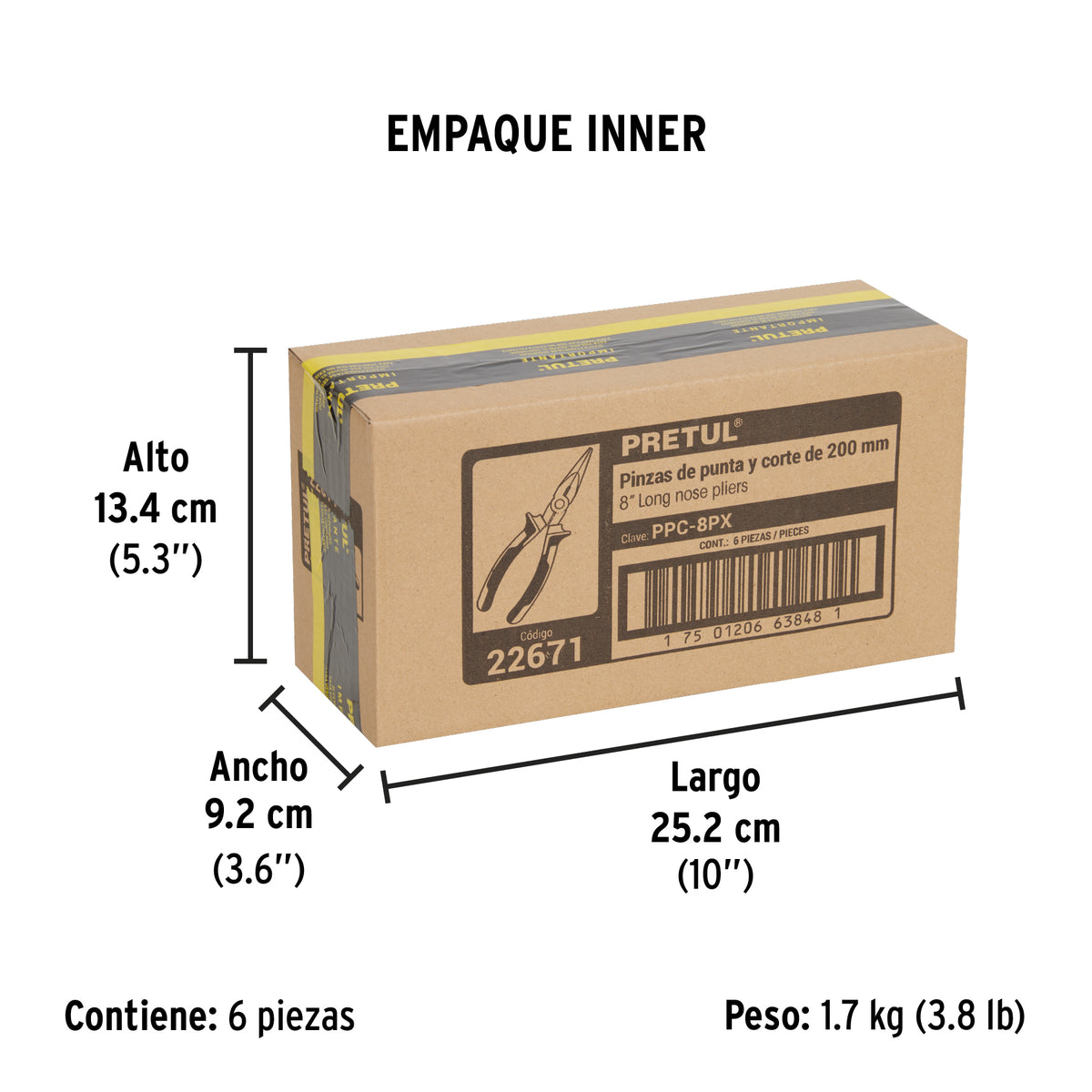 Pinza de punta y corte 8", mango comfort grip, pretul