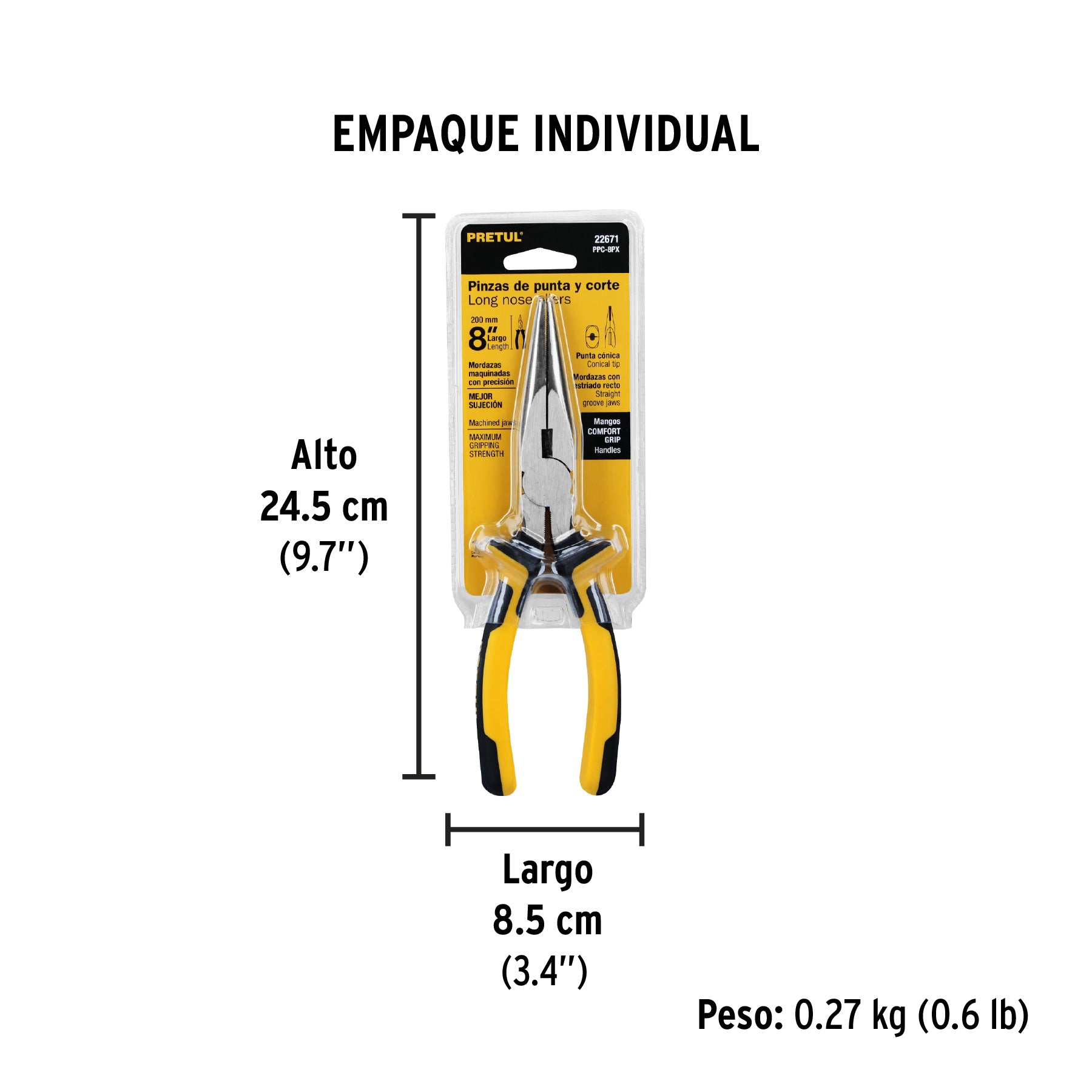 Pinza de punta y corte 8", mango comfort grip, pretul