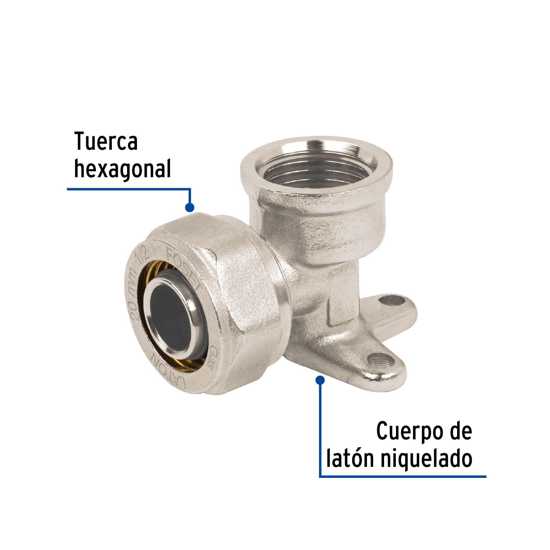 Codo oreja 90° para PEALPE, 1/2', con rosca hembra, Foset