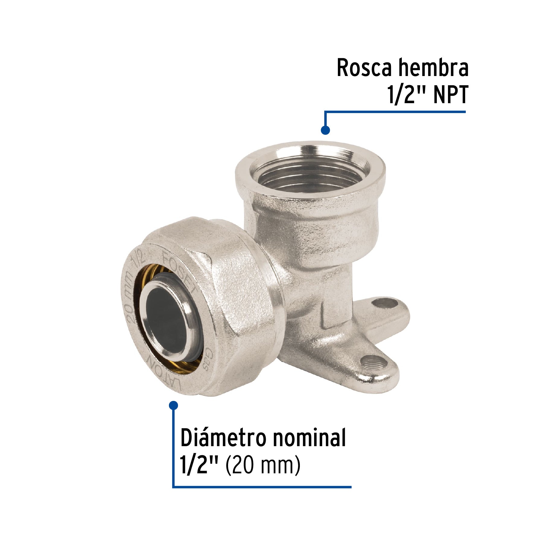 Codo oreja 90° para PEALPE, 1/2', con rosca hembra, Foset