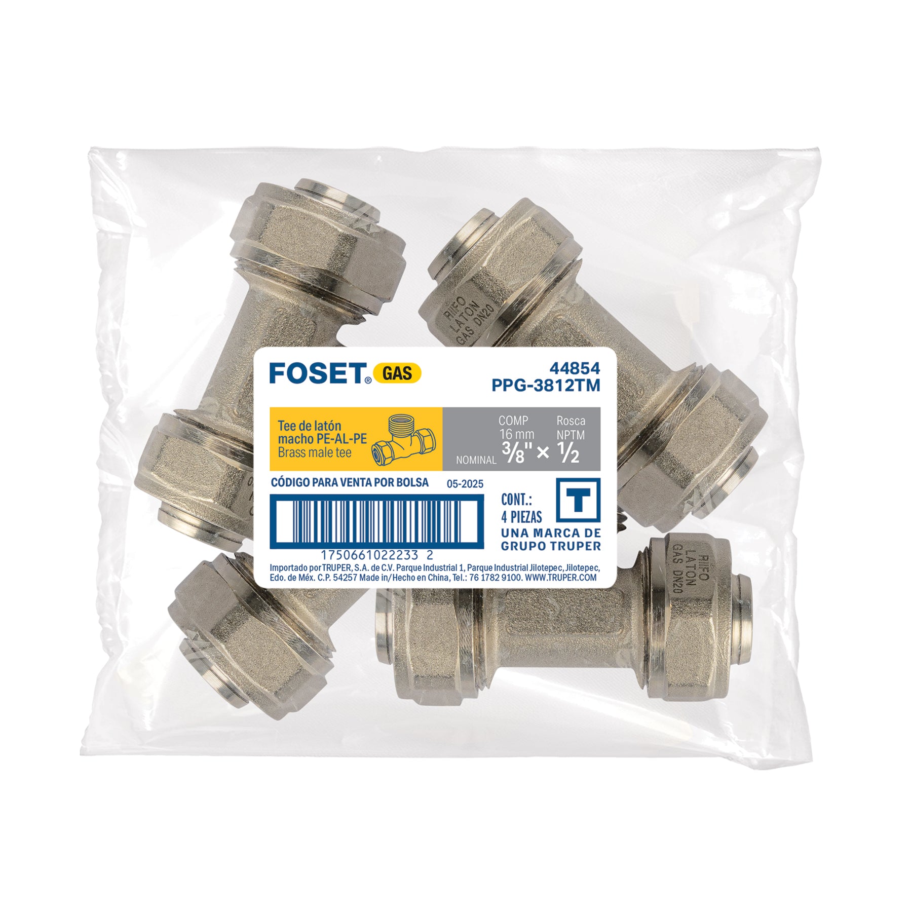 Tee macho para PEALPE, 3/8x1/2x3/8', Foset