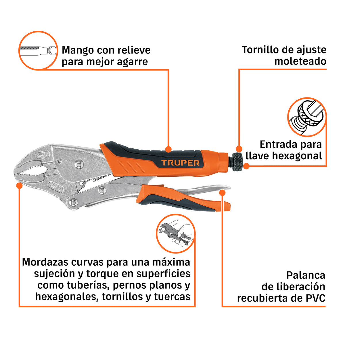 Pinza de presión 10", mordaza curva, mango de vinil