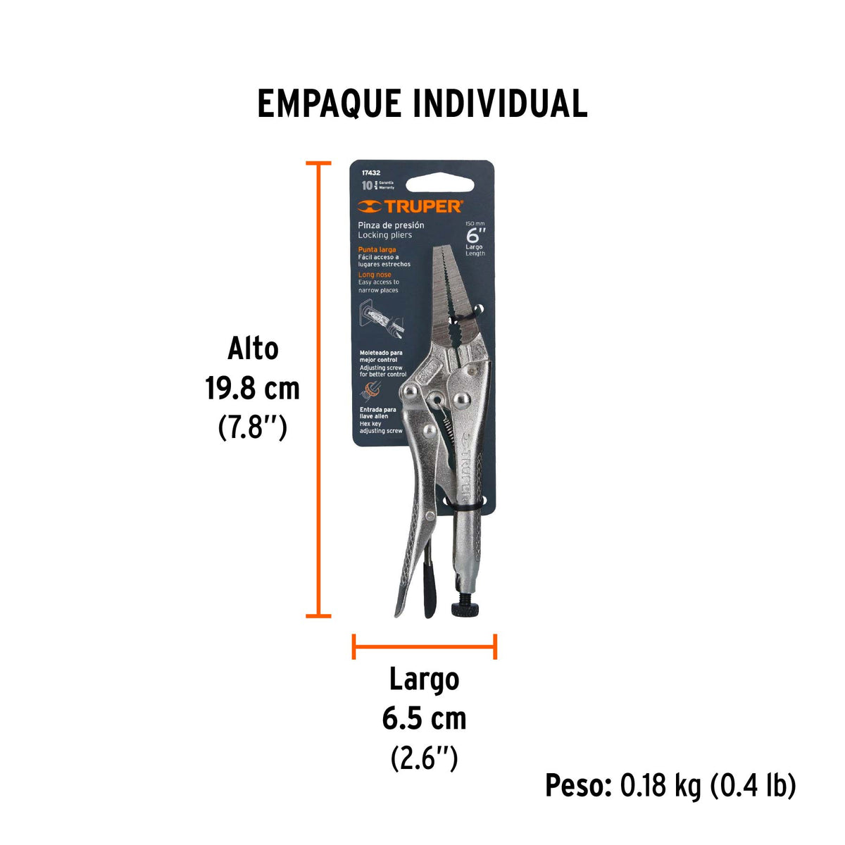 Pinza de presión 6", punta larga