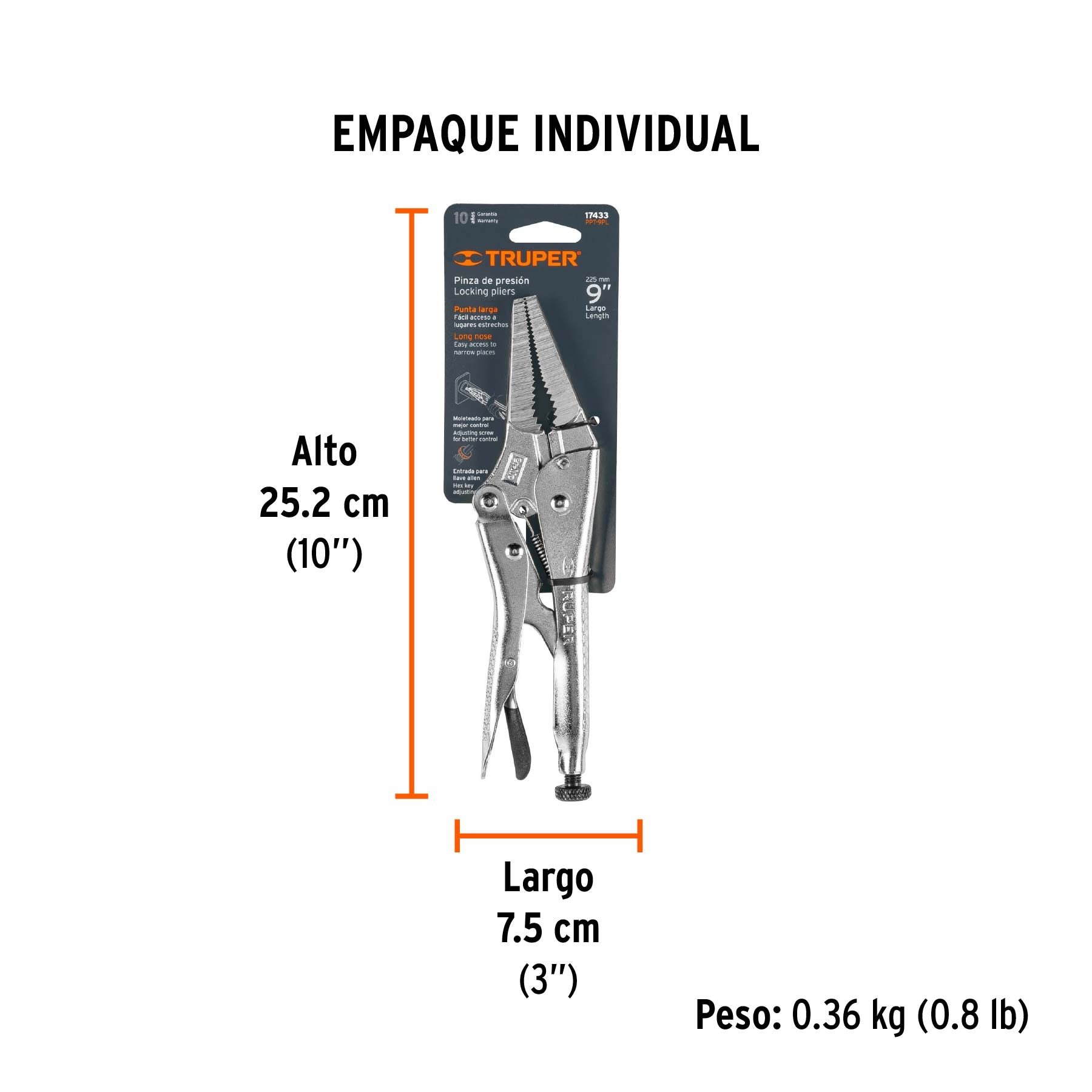 Pinza de presión 9", punta larga