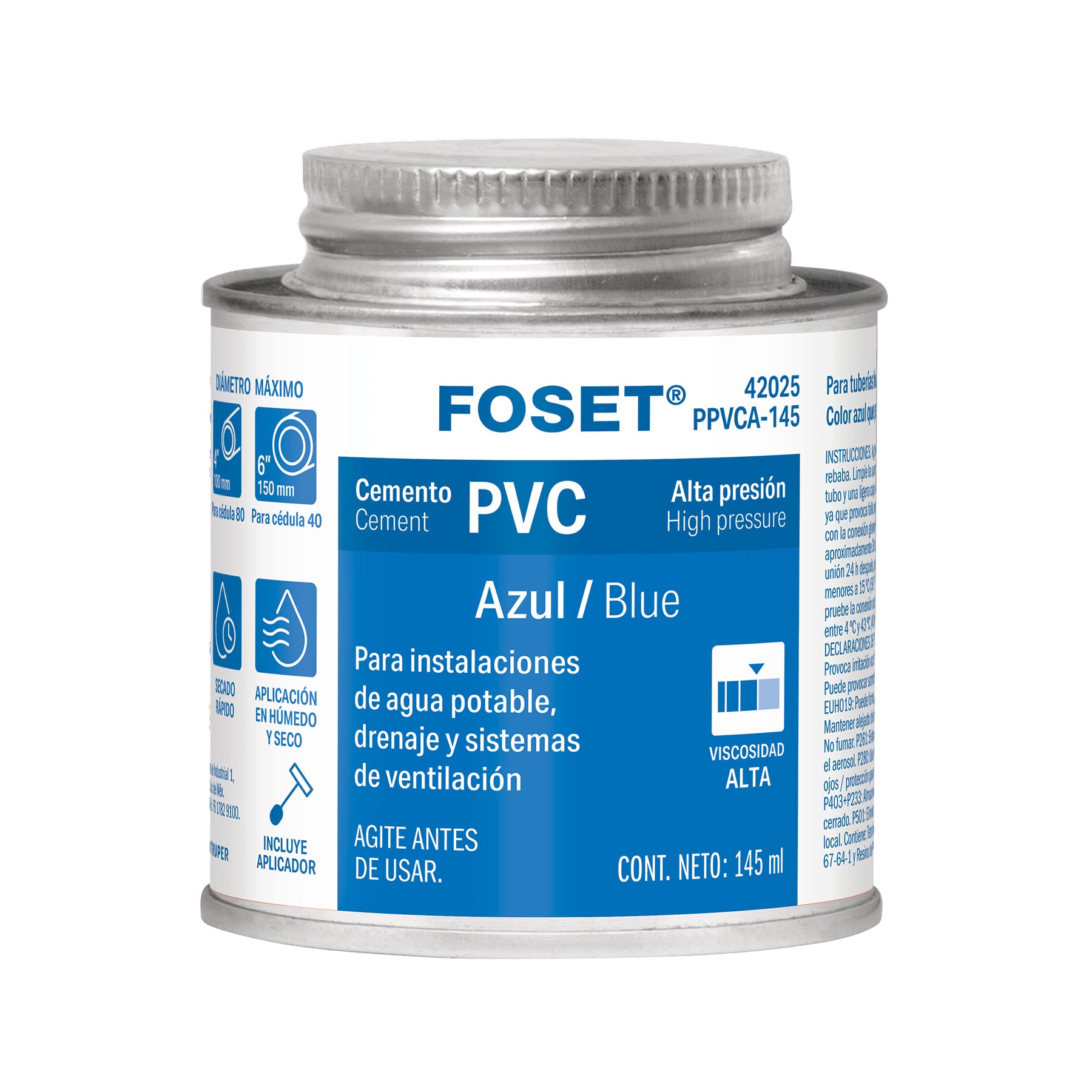 Cemento azul para PVC, hasta 12", bote 145 ml