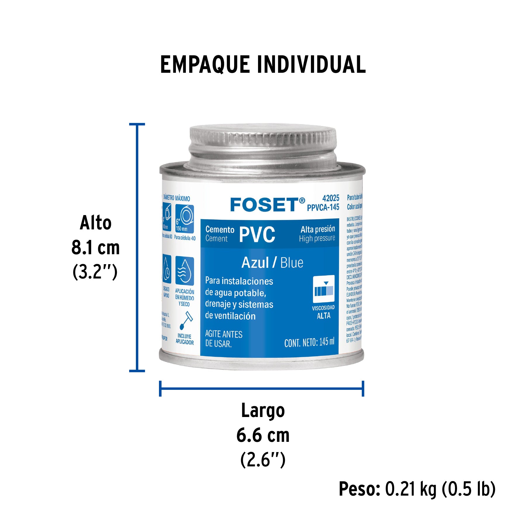 Cemento azul para PVC, hasta 12", bote 145 ml