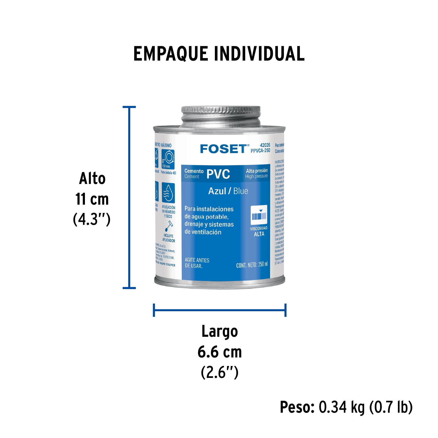 Cemento azul para PVC, hasta 12", bote 250 ml