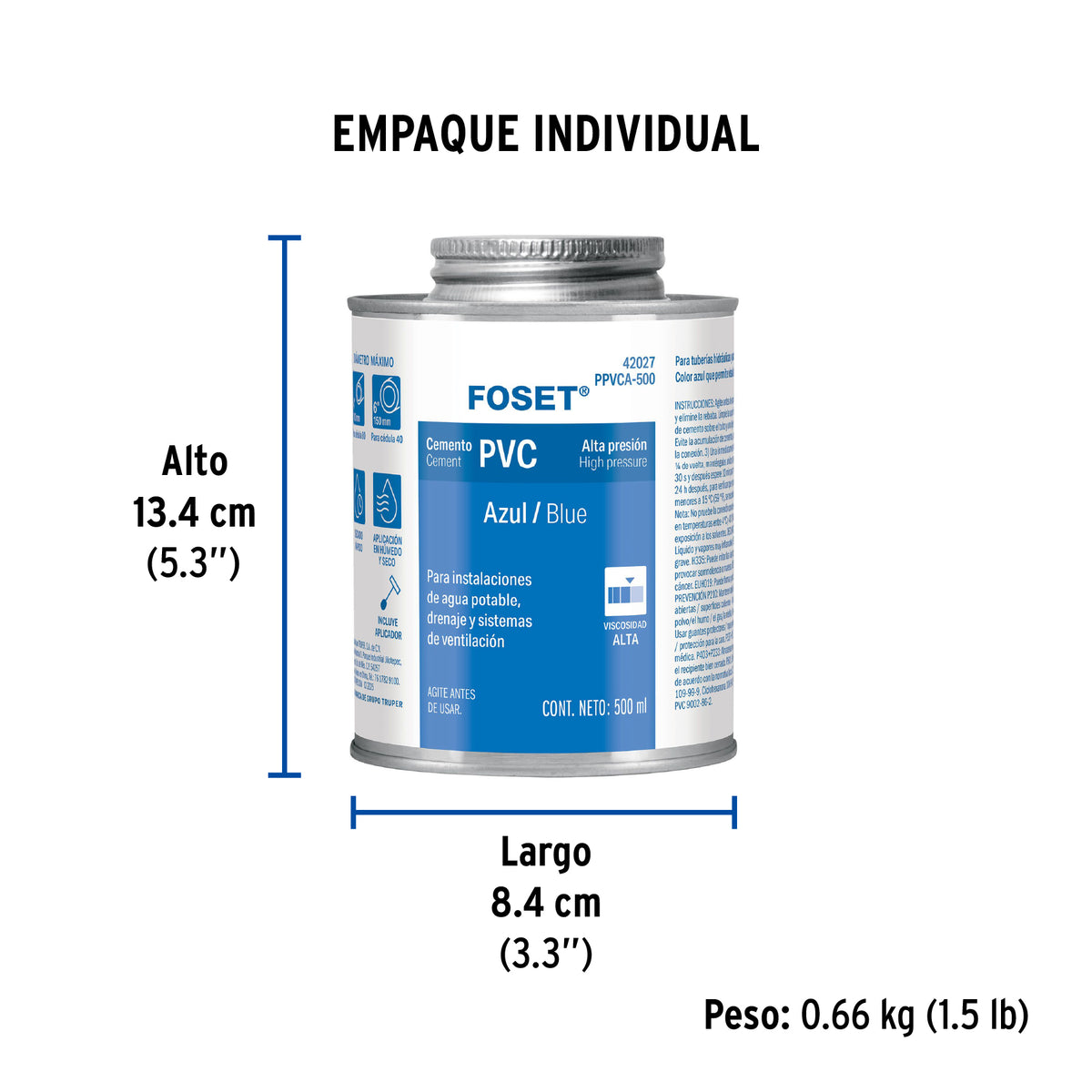 Cemento azul para PVC, hasta 12", bote 500 ml