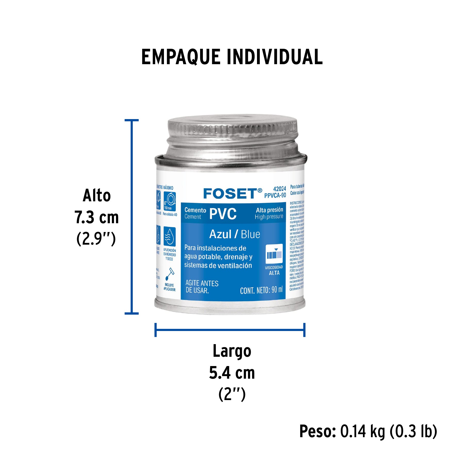 Cemento azul para PVC, hasta 12", bote 90 ml