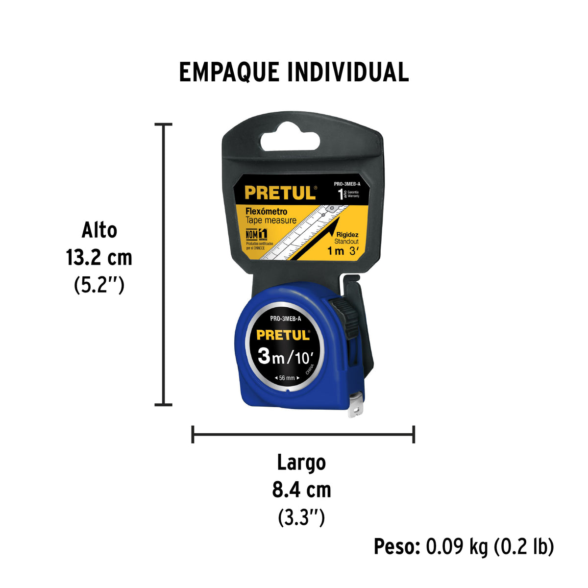 Flexómetro, azul, 3 m, cinta 13 mm, Pretul, tarjeta plástica