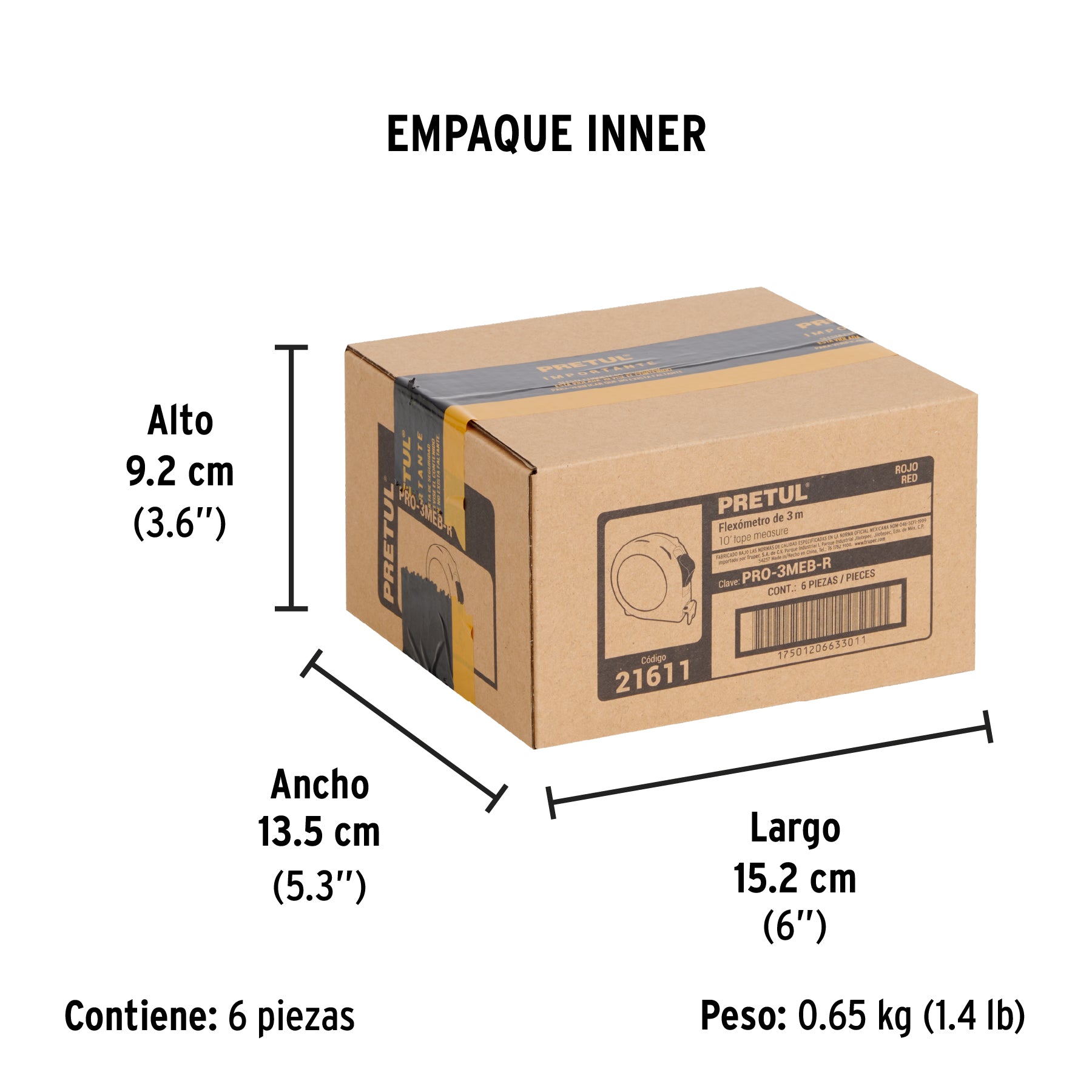 Flexómetro, rojo, 3 m, cinta 13 mm, Pretul, tarjeta plástica