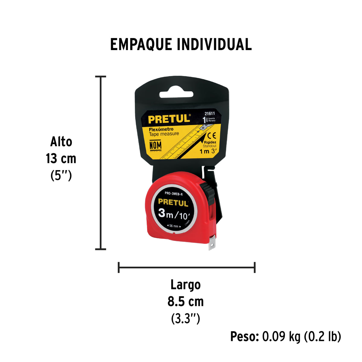 Flexómetro, rojo, 3 m, cinta 13 mm, Pretul, tarjeta plástica