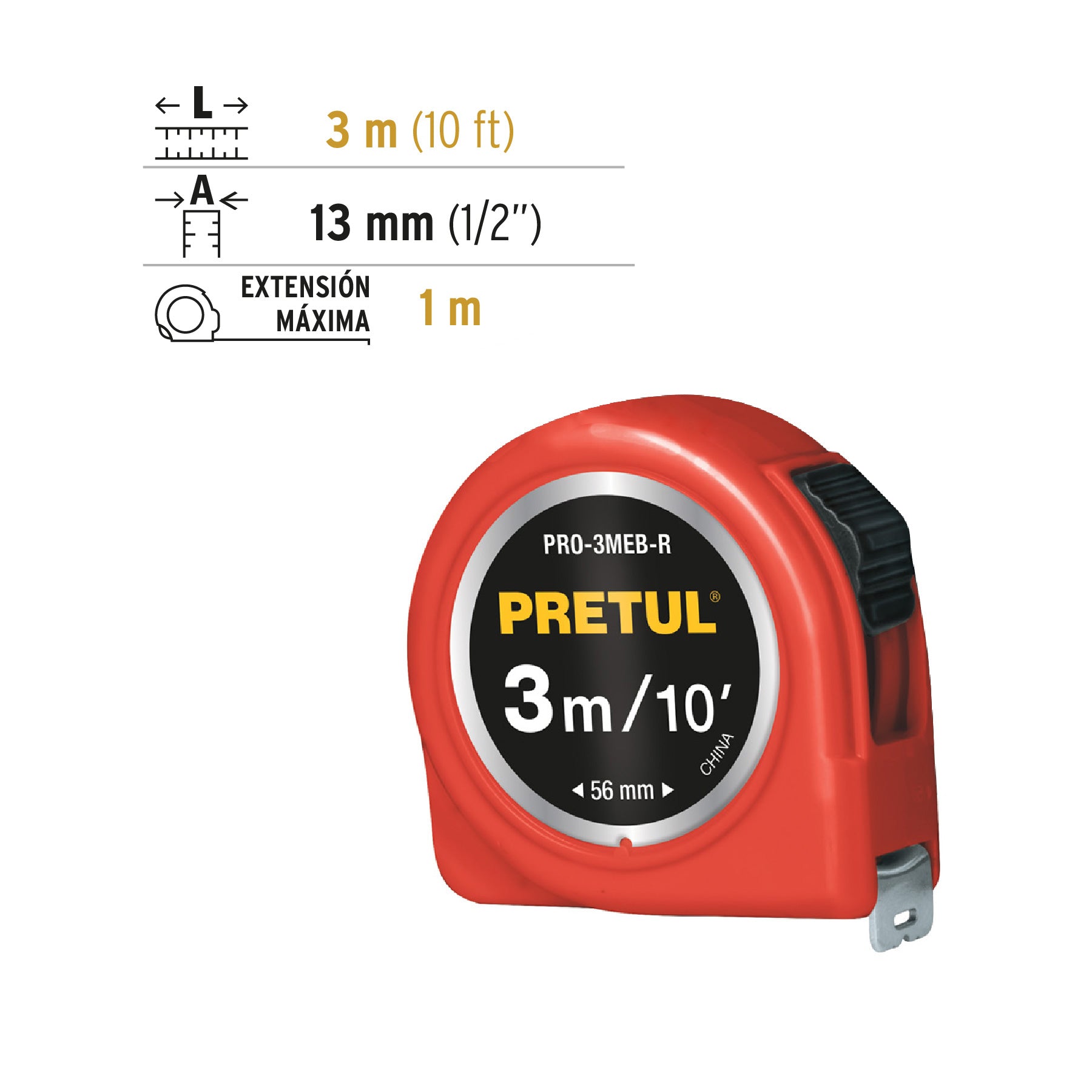 Flexómetro, rojo, 3 m, cinta 13 mm, Pretul, tarjeta plástica