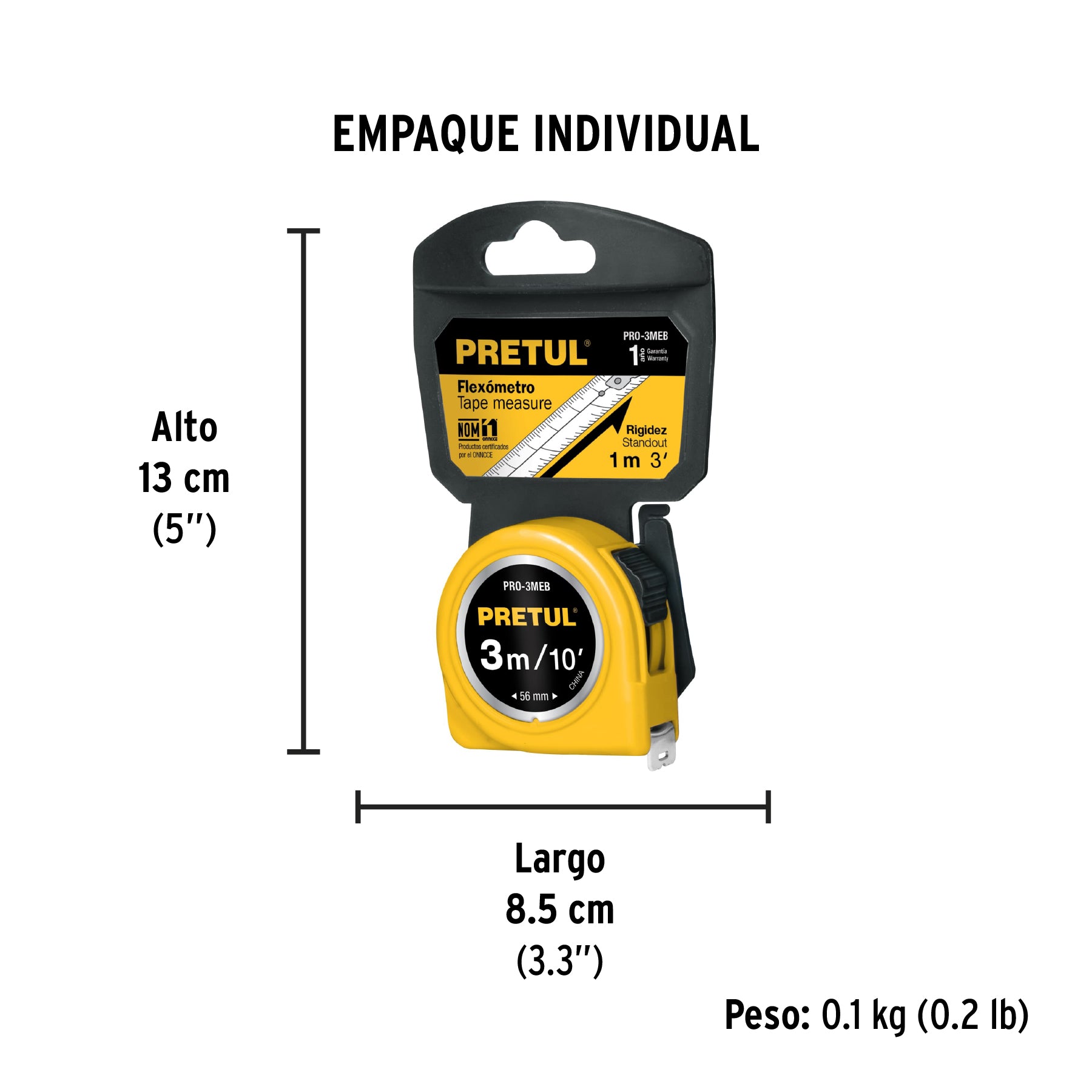 Flexómetro, amarillo, 3m,cinta 13mm, Pretul,tarjeta plástica