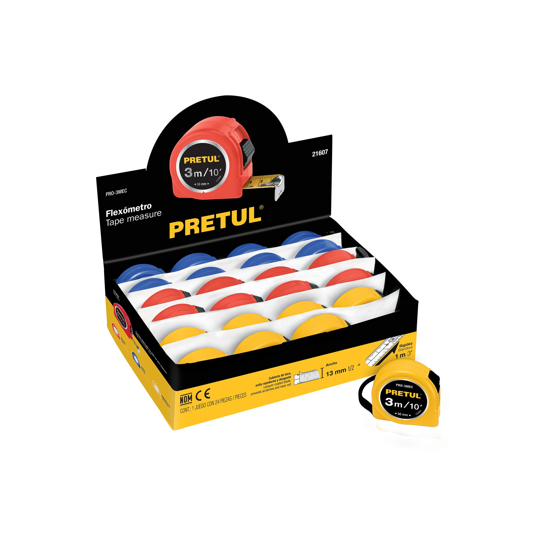 Flexómetros 3 m, cinta 13 mm en display box, 24 pzas, Pretul