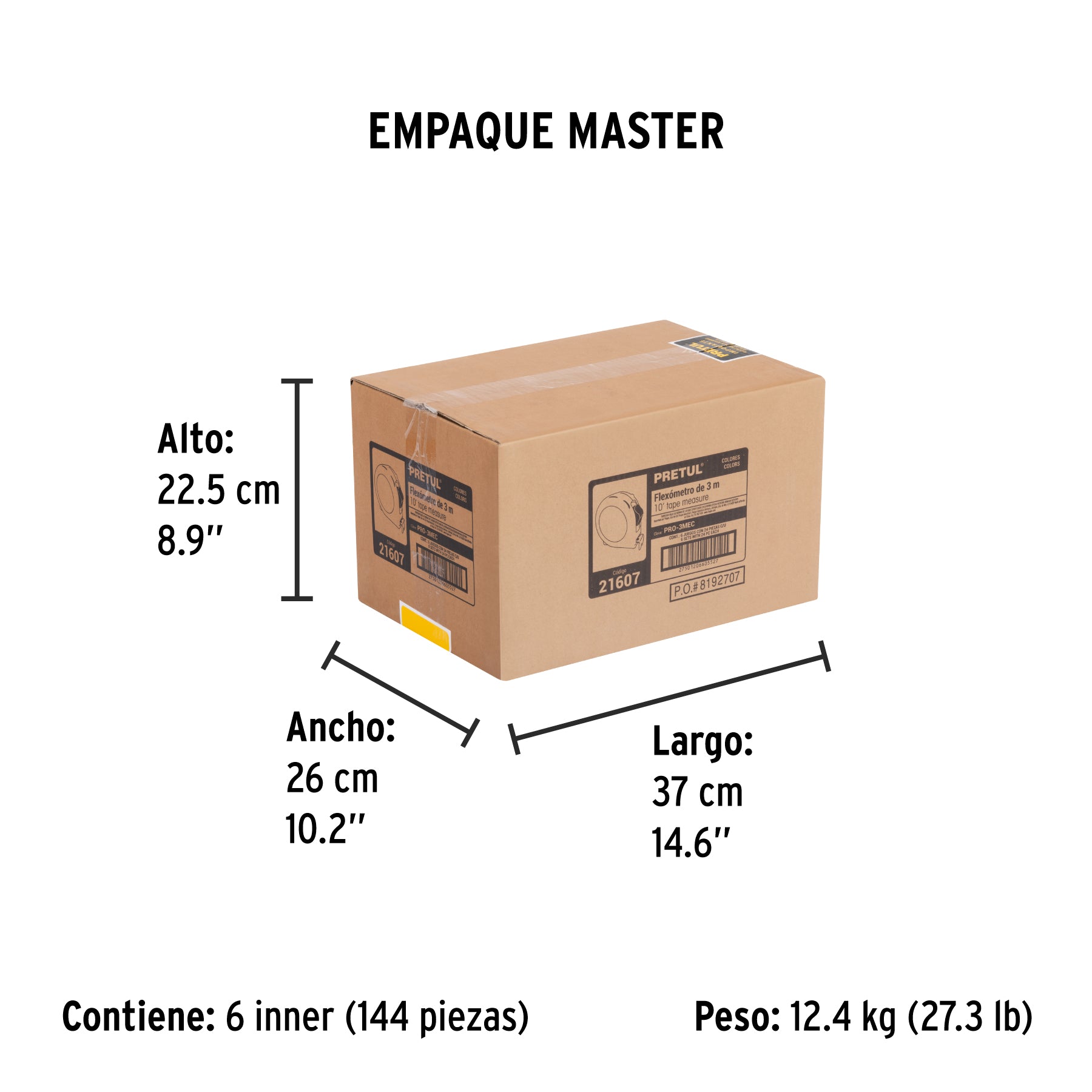 Flexómetros 3 m, cinta 13 mm en display box, 24 pzas, Pretul