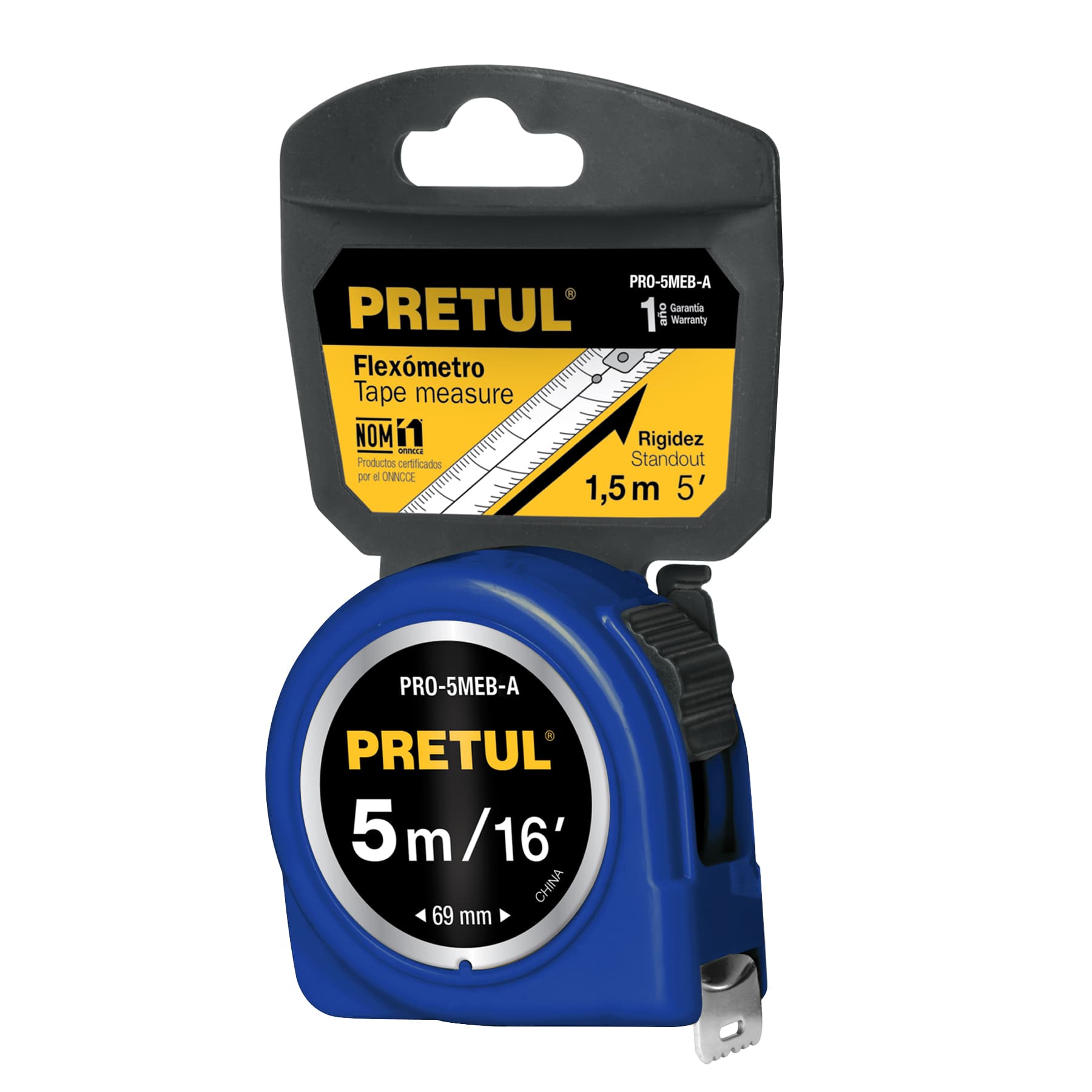 Flexómetro, azul, 5 m, cinta 19 mm, Pretul, tarjeta plástica
