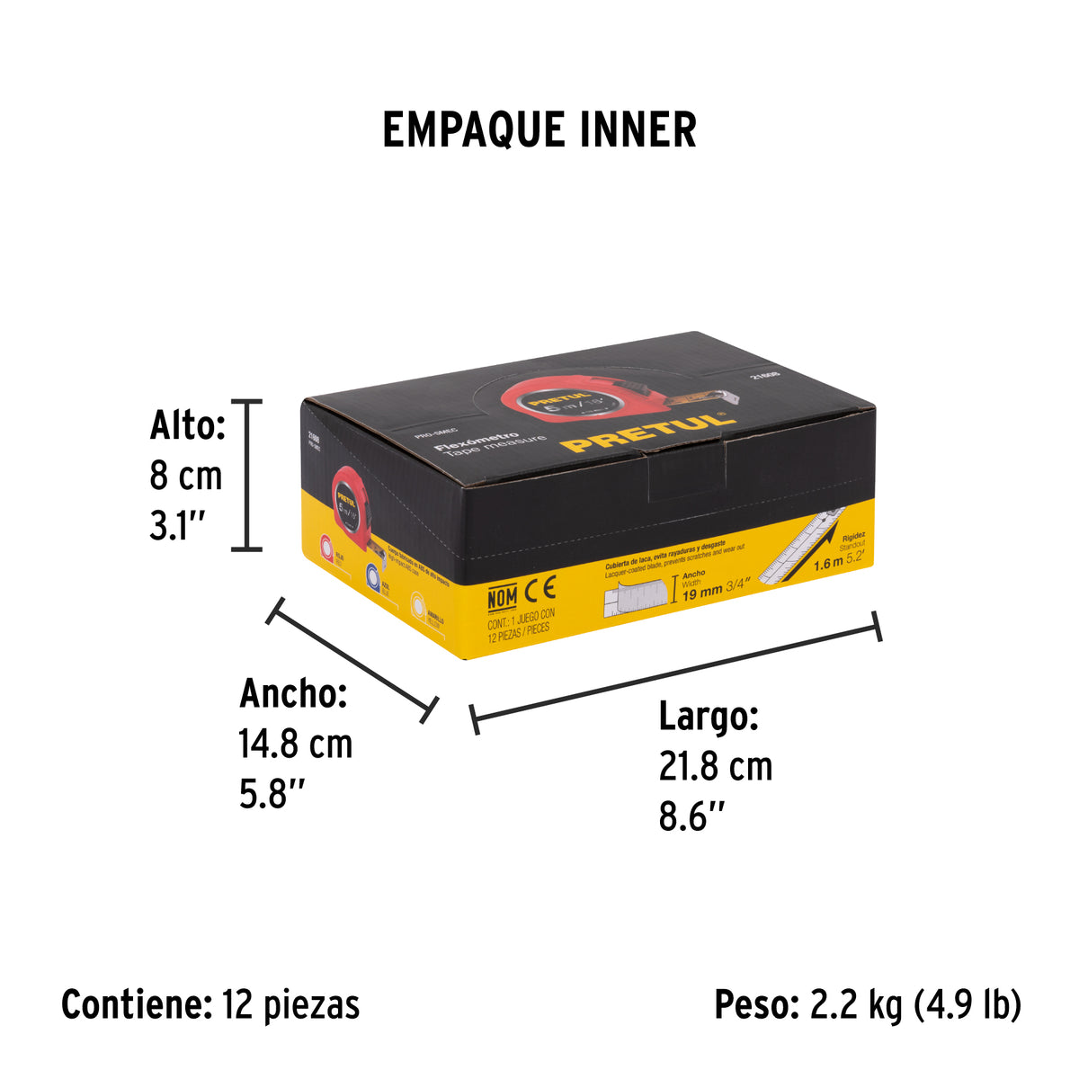 Flexómetros 5 m, cinta 13 mm en display box, 12 pzas, Pretul