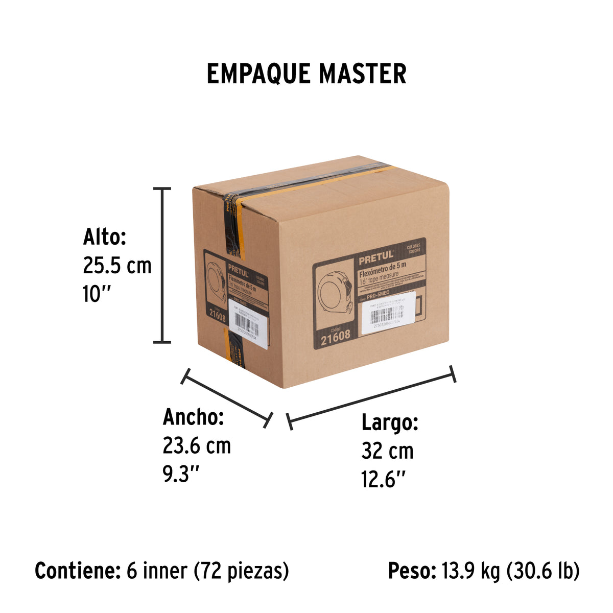 Flexómetros 5 m, cinta 13 mm en display box, 12 pzas, Pretul