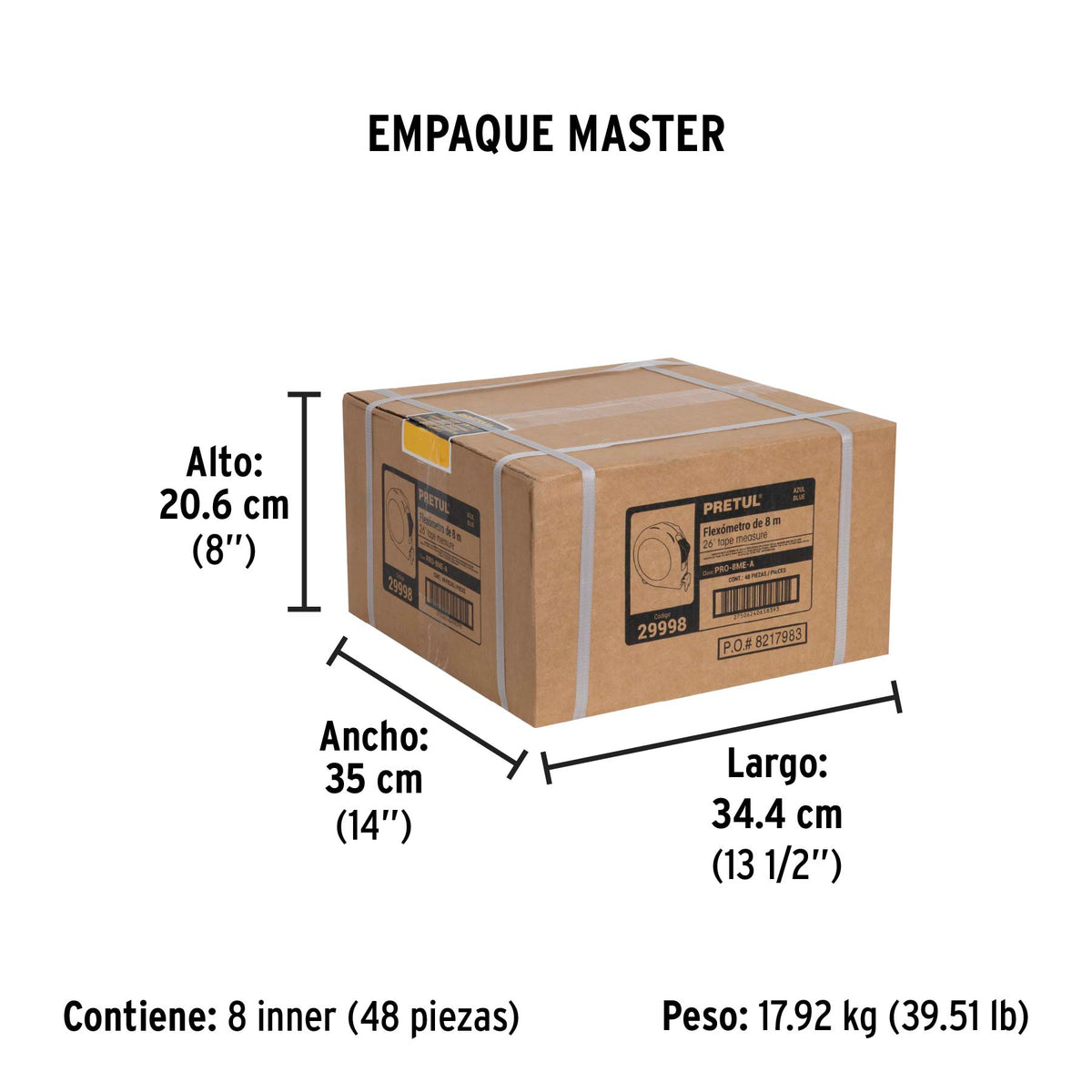 Flexómetro azul 8m cinta 25 mm, Pretul tarjeta plástica