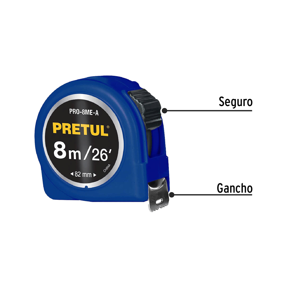 Flexómetro azul 8m cinta 25 mm, Pretul tarjeta plástica