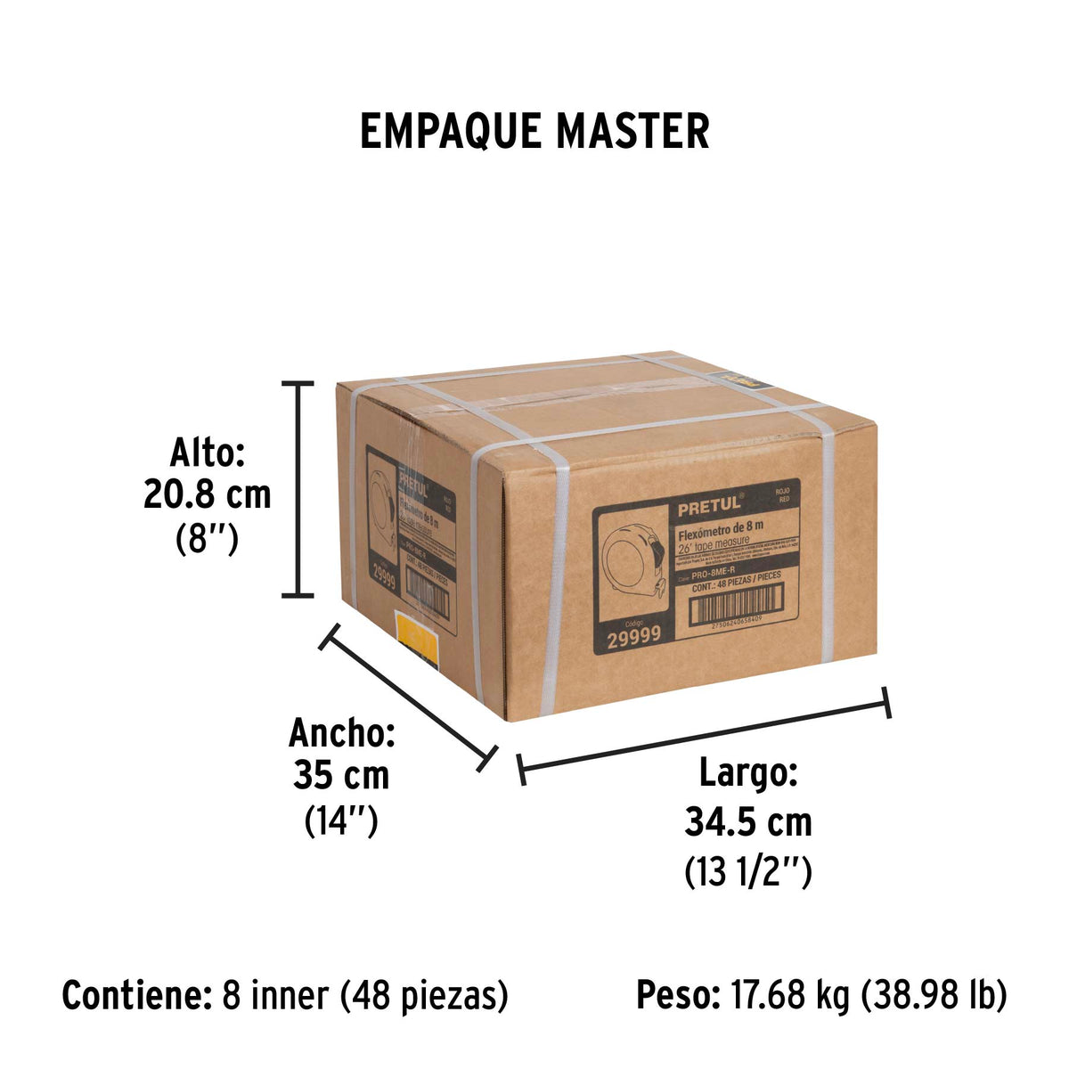 Flexómetro rojo 8m cinta 25 mm, Pretul tarjeta plástica