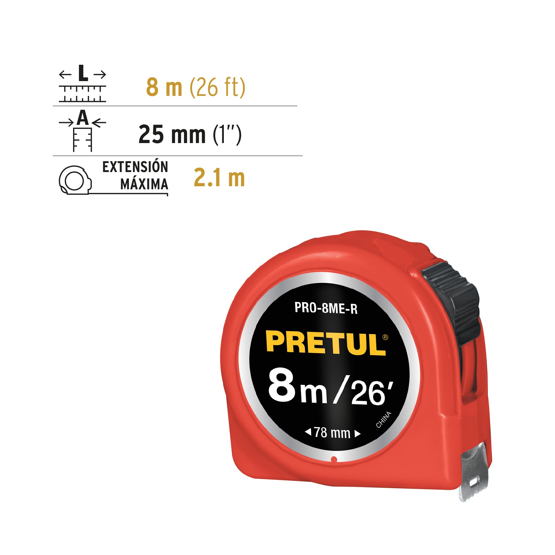 Flexómetro rojo 8m cinta 25 mm, Pretul tarjeta plástica