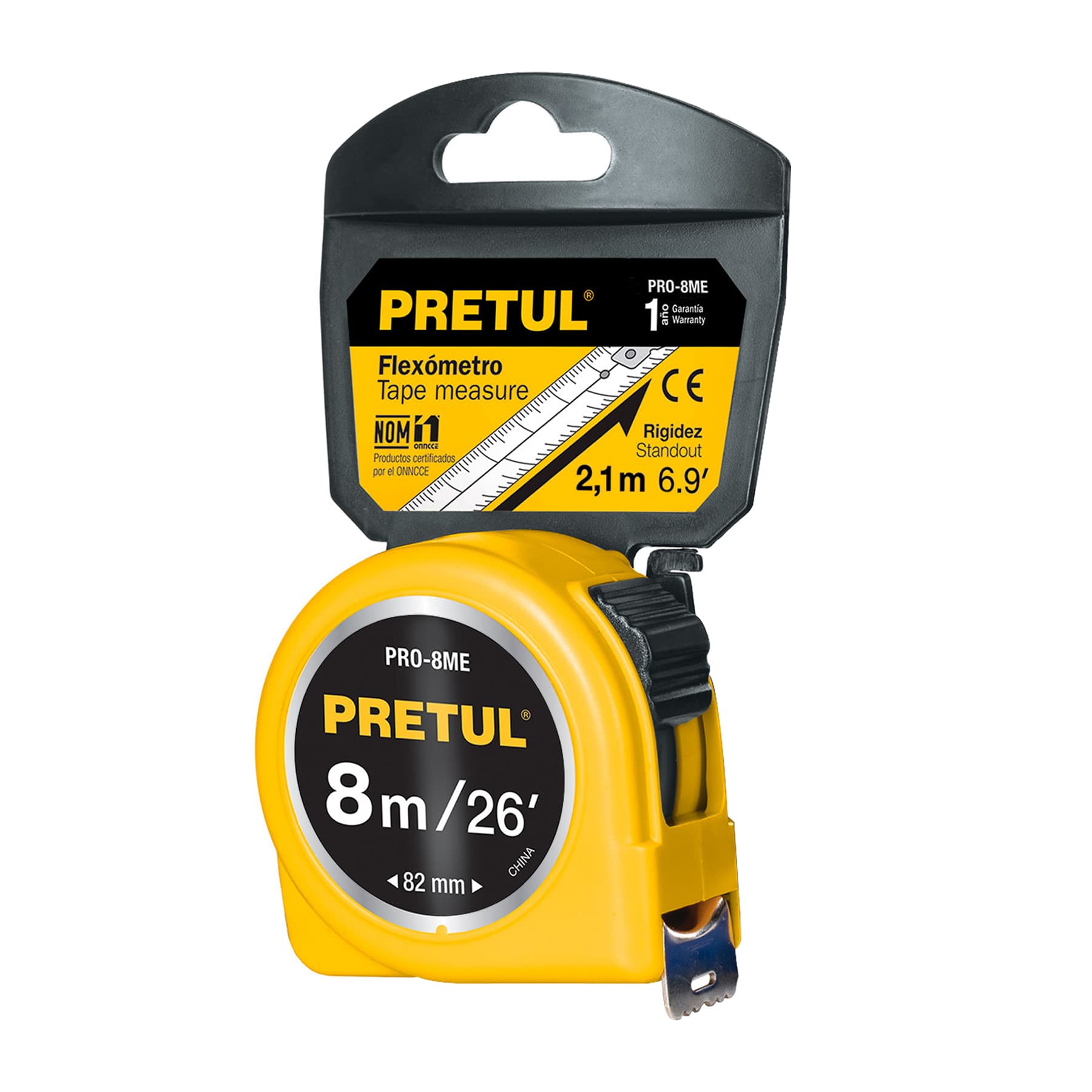 Flexómetro, amarillo, 8m, cinta 25 mm, Pretul, tarjeta plást