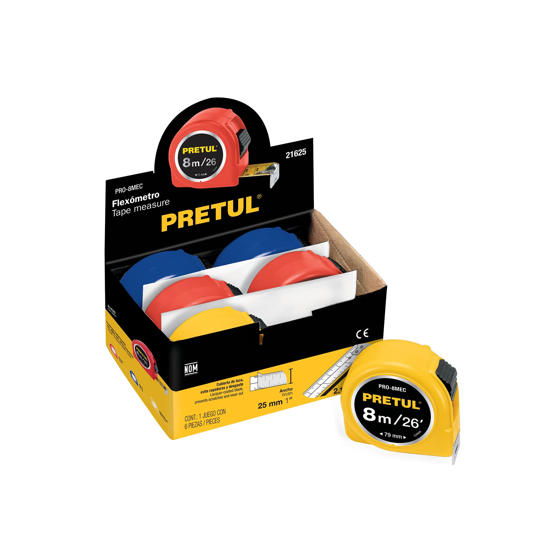 Flexómetros 8 m, cinta 25 mm en display box, Pretul